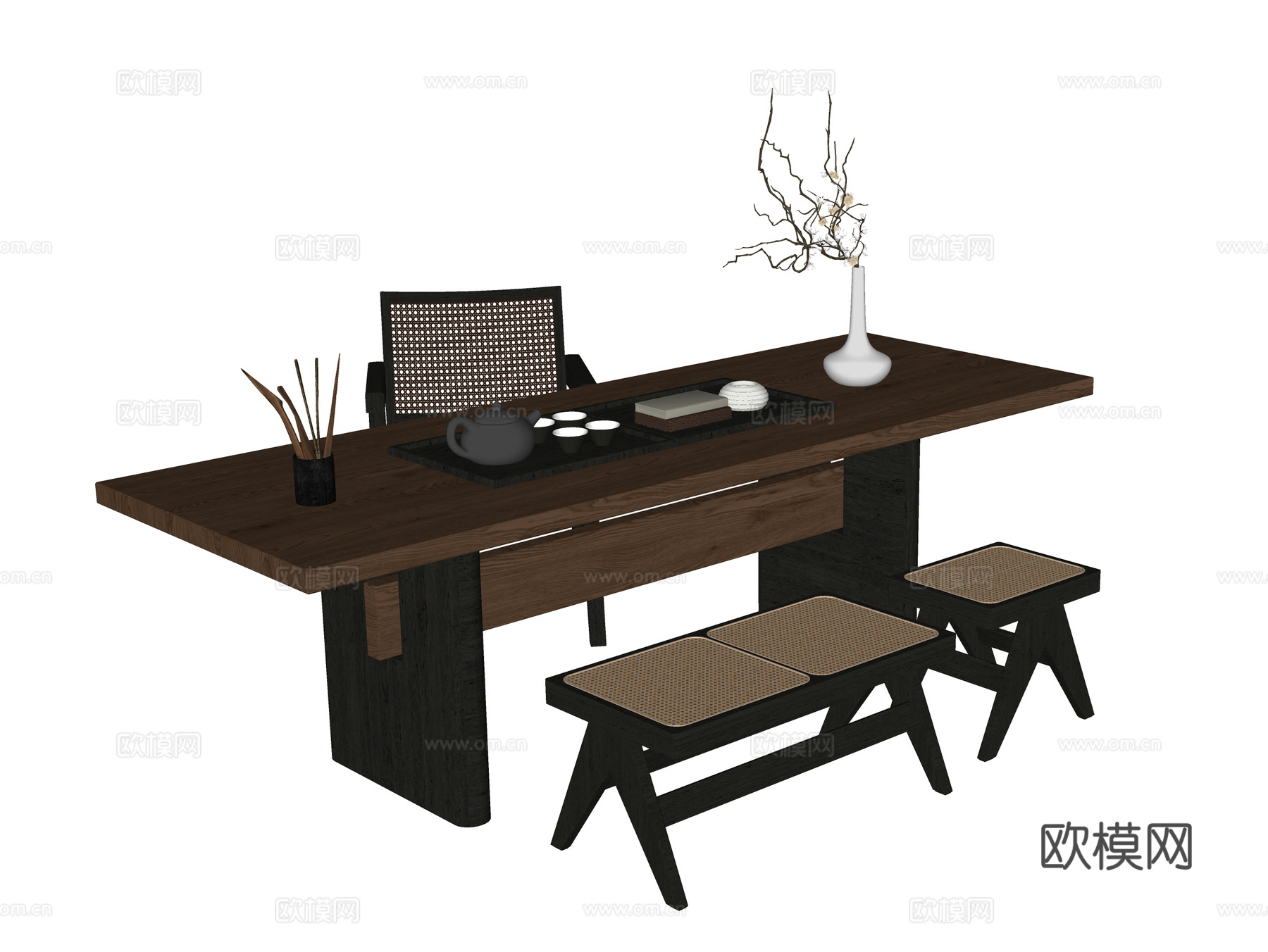现代茶桌椅 凳子 茶具摆件su模型