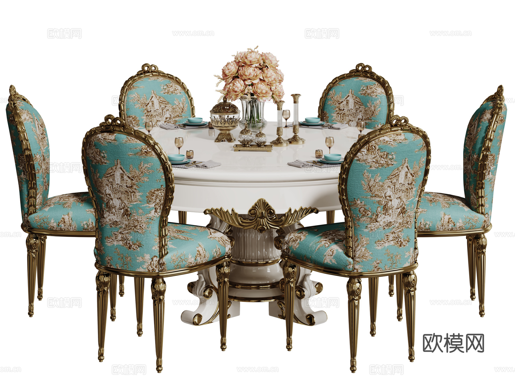 欧式餐桌椅 法式餐桌椅 雕花餐桌椅 圆形餐桌 桌椅组合su模型