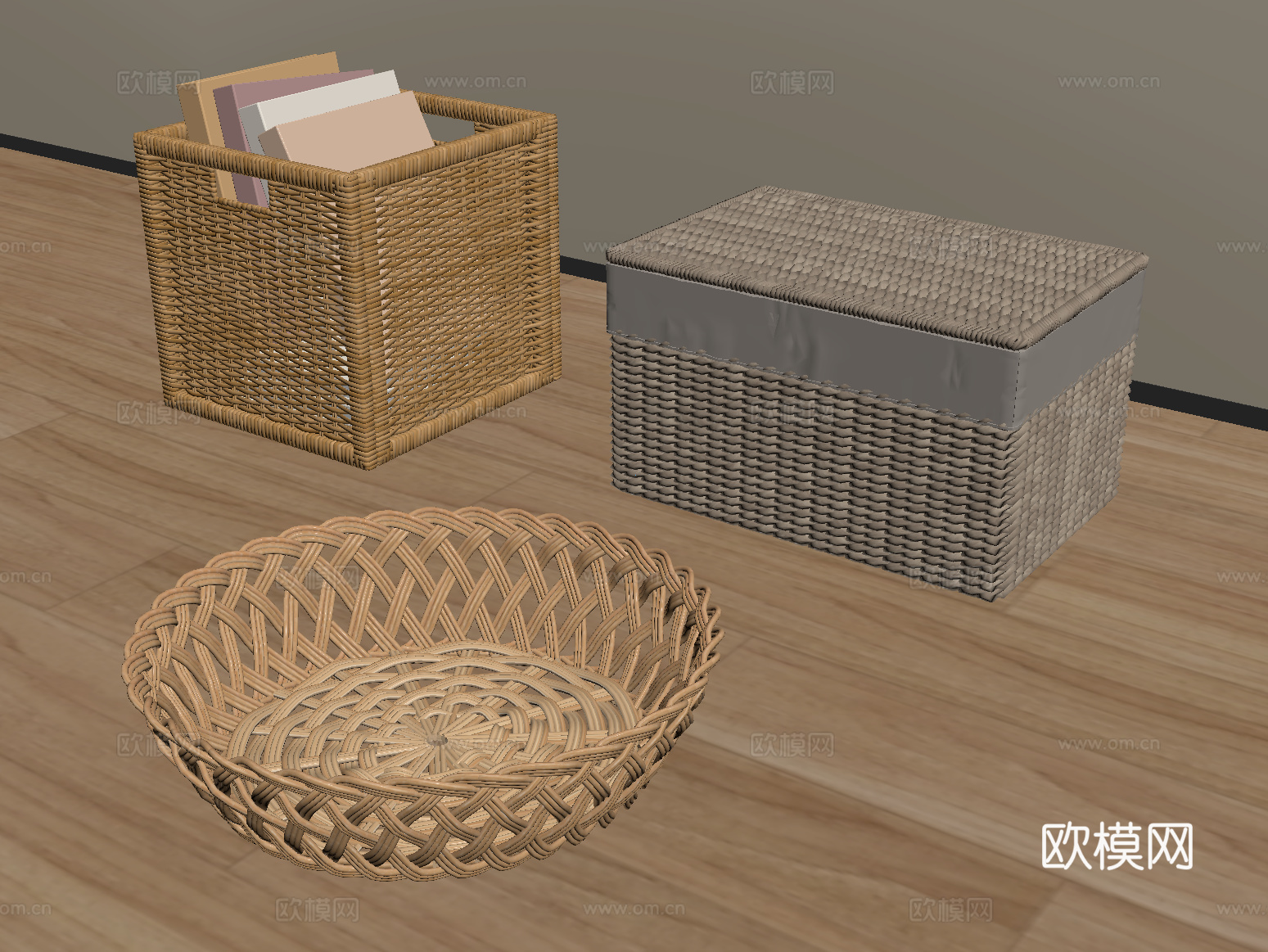 现代编制竹篓组合 藤编脏衣篓 收纳筐竹筐su模型