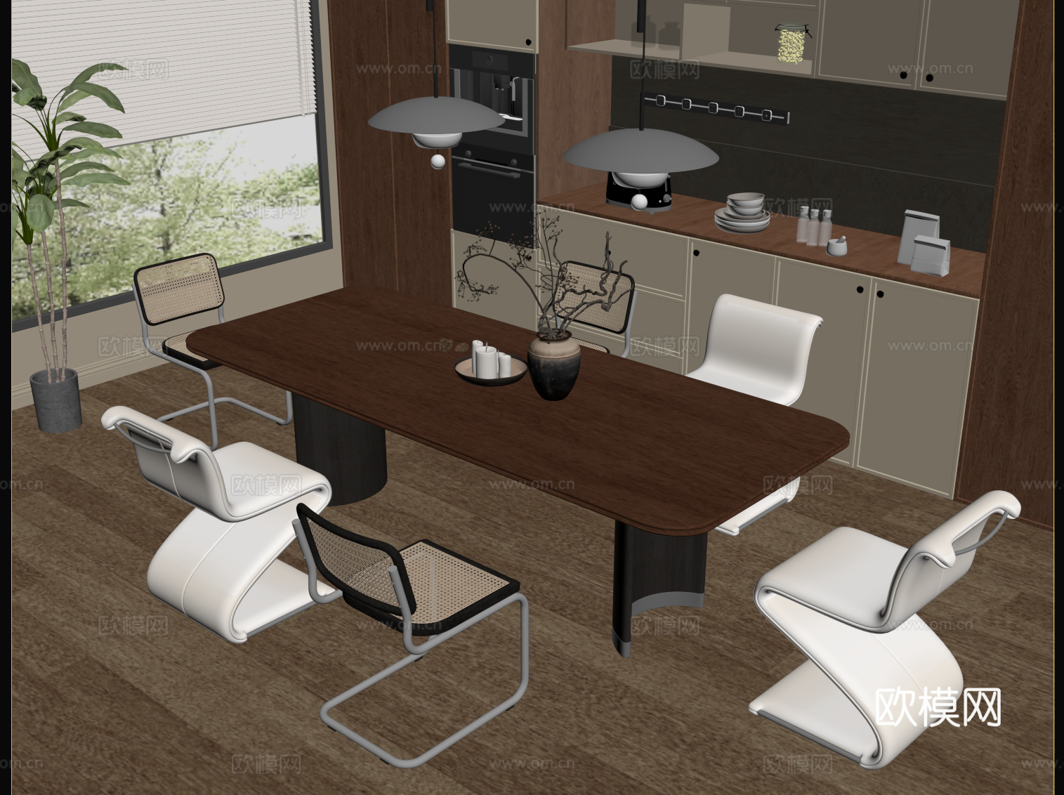 中古风餐厅 餐桌椅su模型