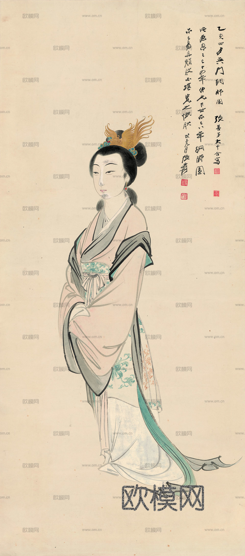 张大千绘画作品，中国近现代水墨画，写意水墨画仕女