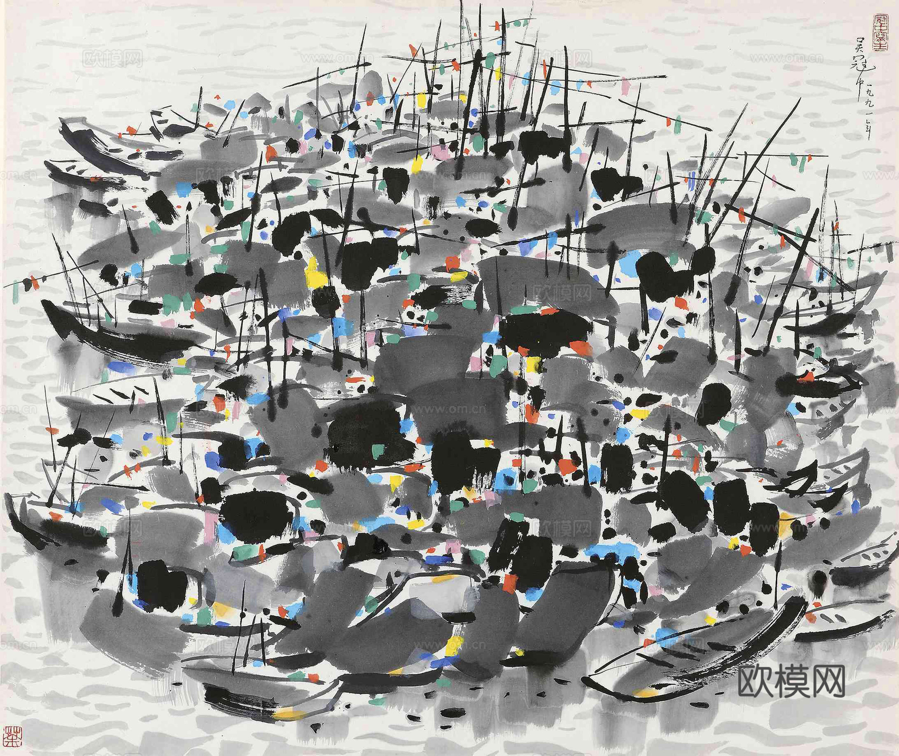 吴冠中绘画作品，写意水墨画，近现代水墨画，写意江南古镇水墨画下载