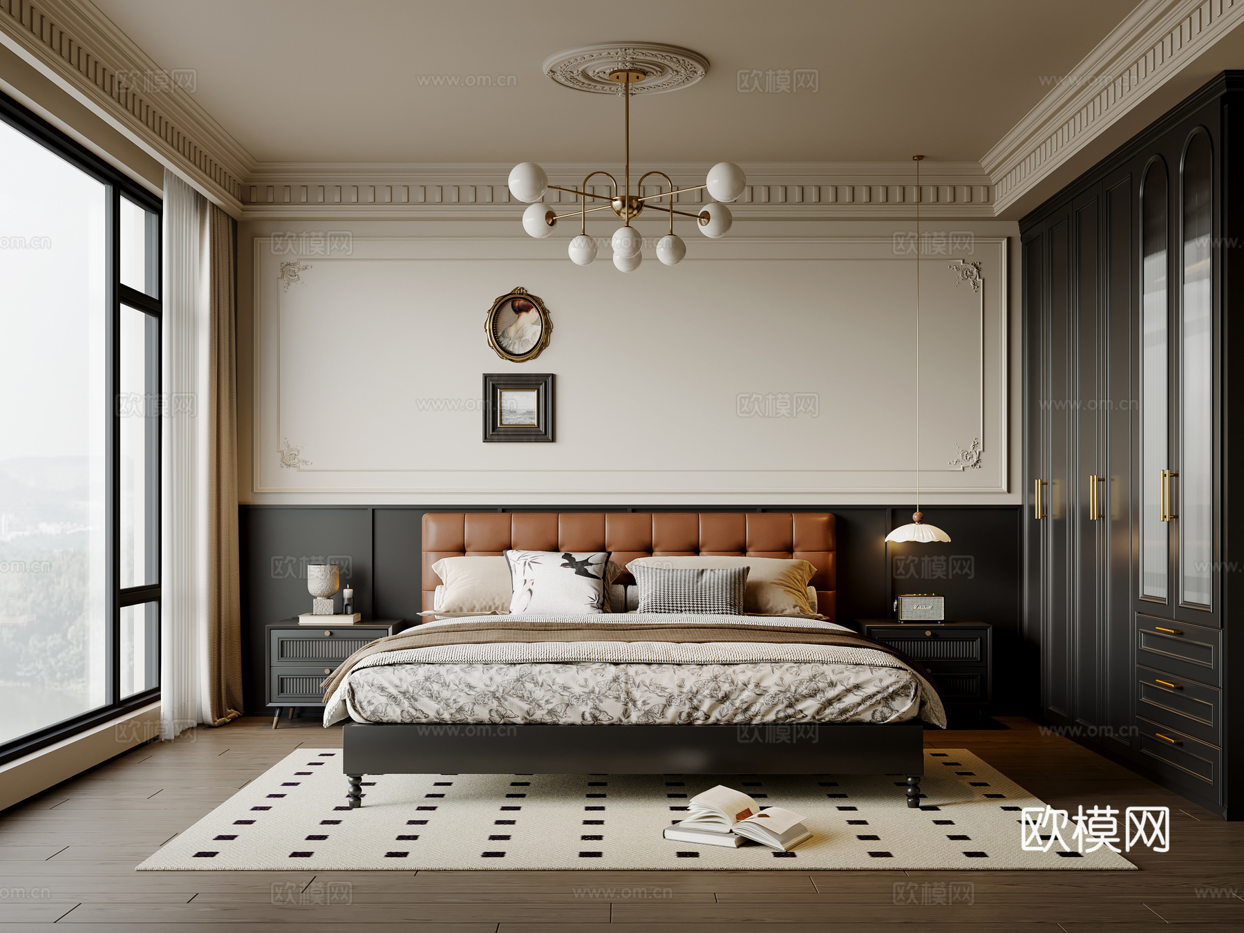 法式中古风卧室 双人床 床头柜 吊灯 挂画 地毯su模型
