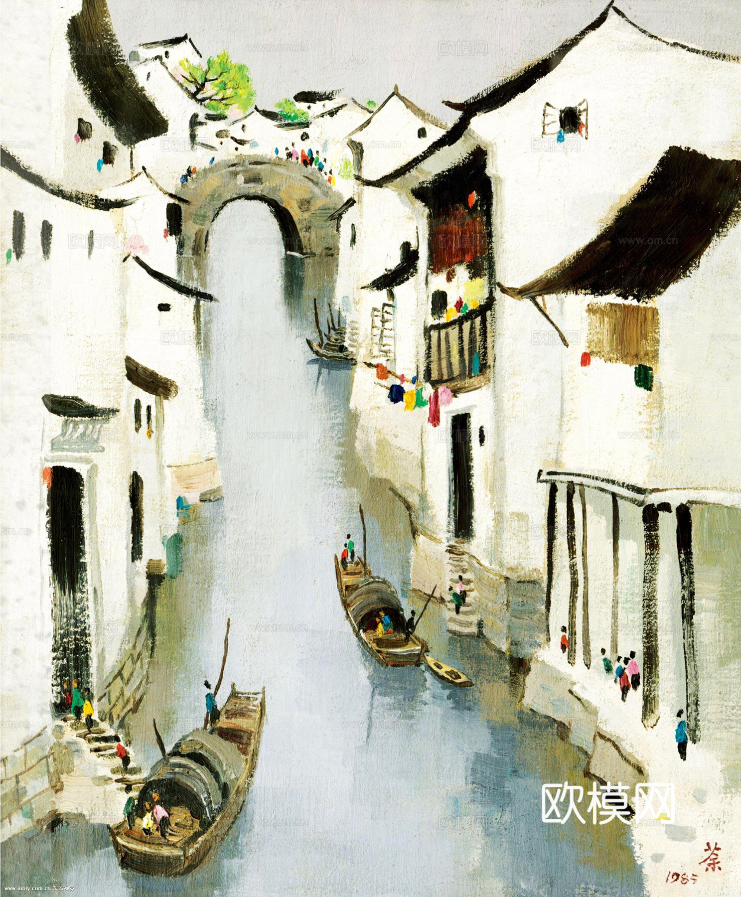 吴冠中绘画作品，写意水墨画，近现代水墨画，写意江南古镇水墨画