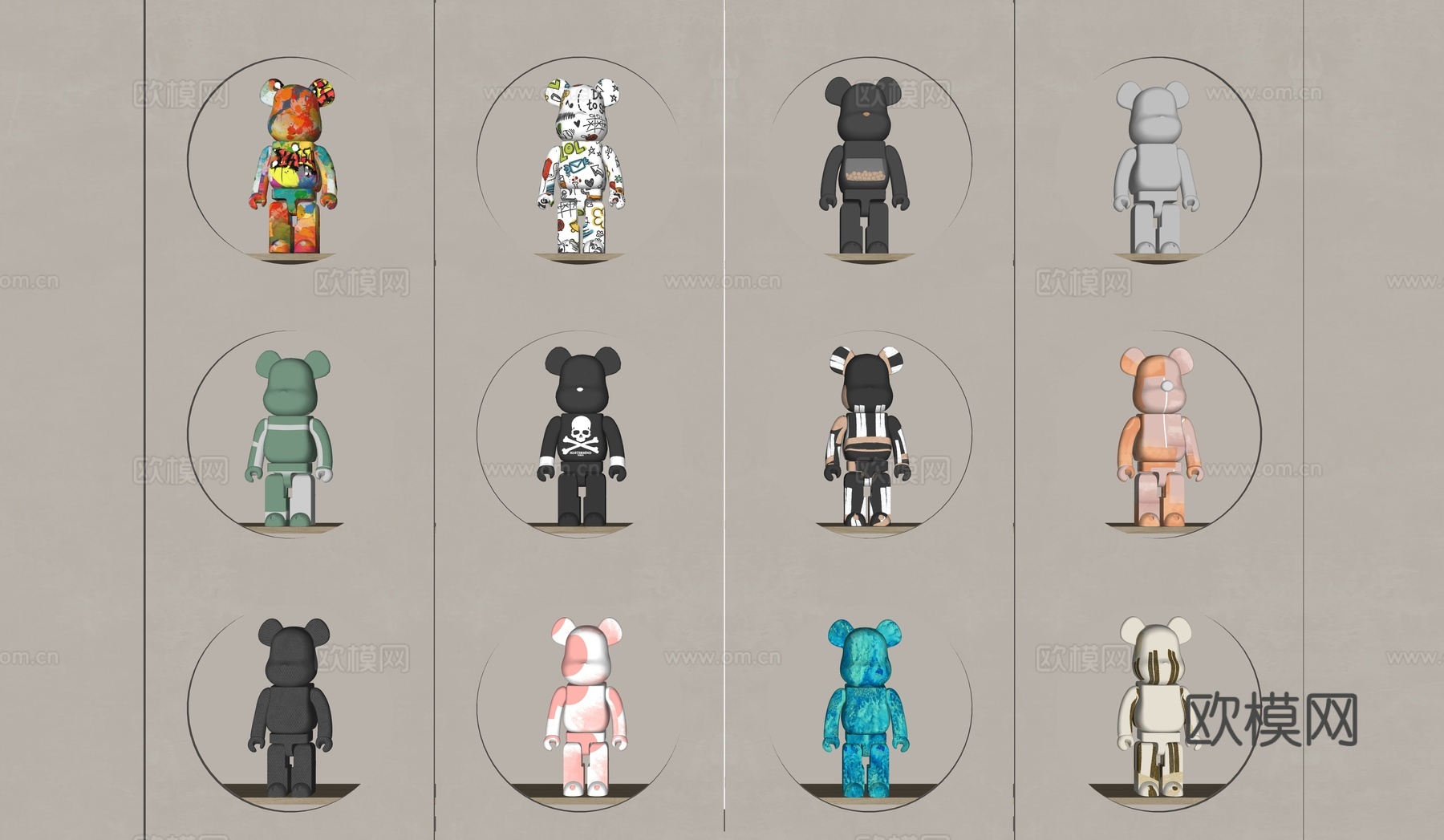 现代玩具公仔暴力熊手办手办墙su模型