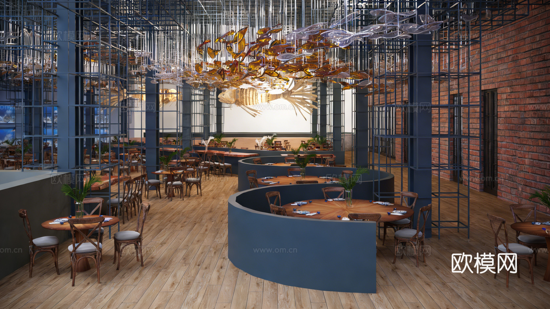 工业风餐厅 鱼形艺术吊灯 圆形木桌3d模型下载（渲染图2）
