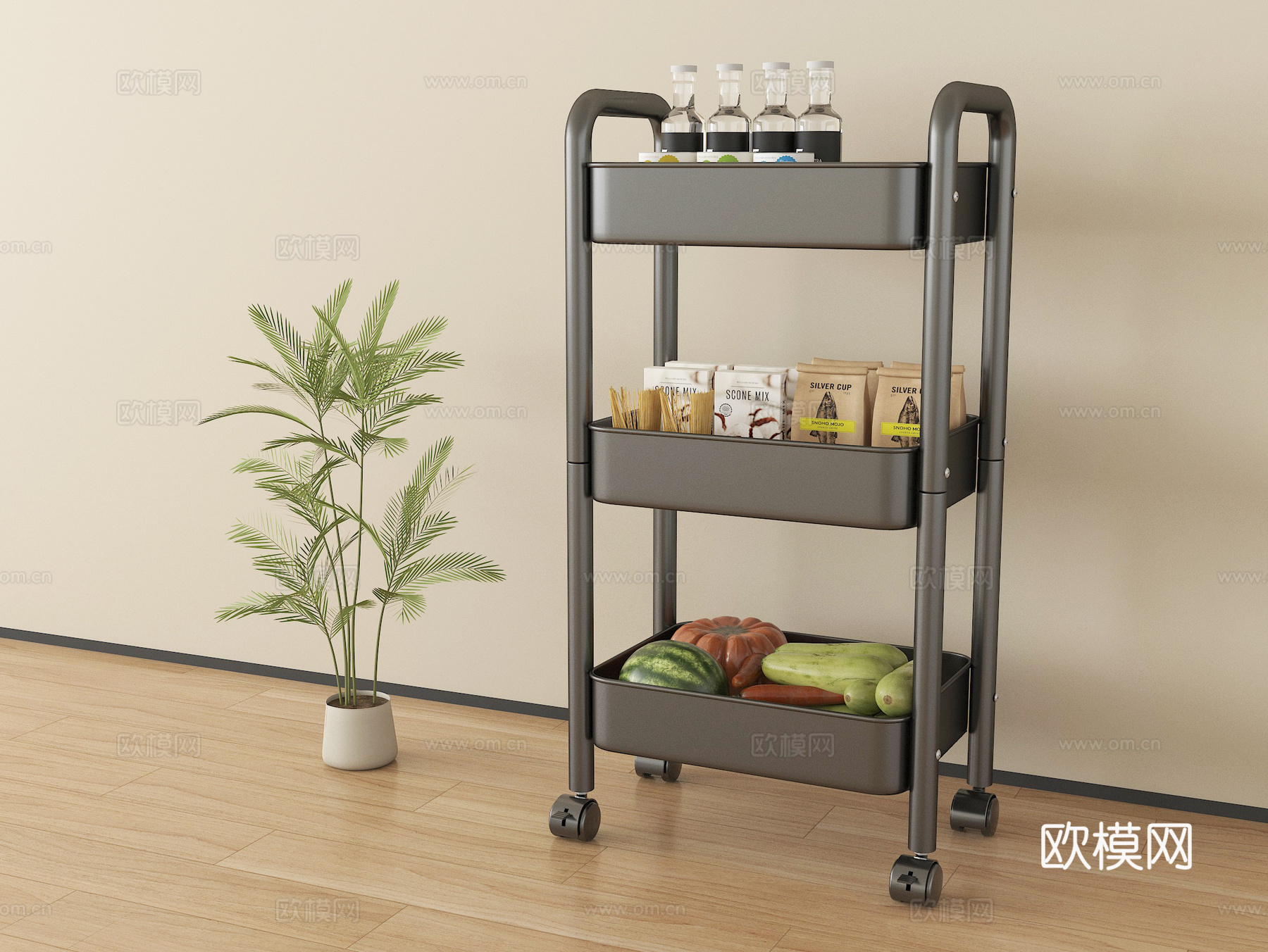 现代置物架 小推车置物架 厨房置物架su模型