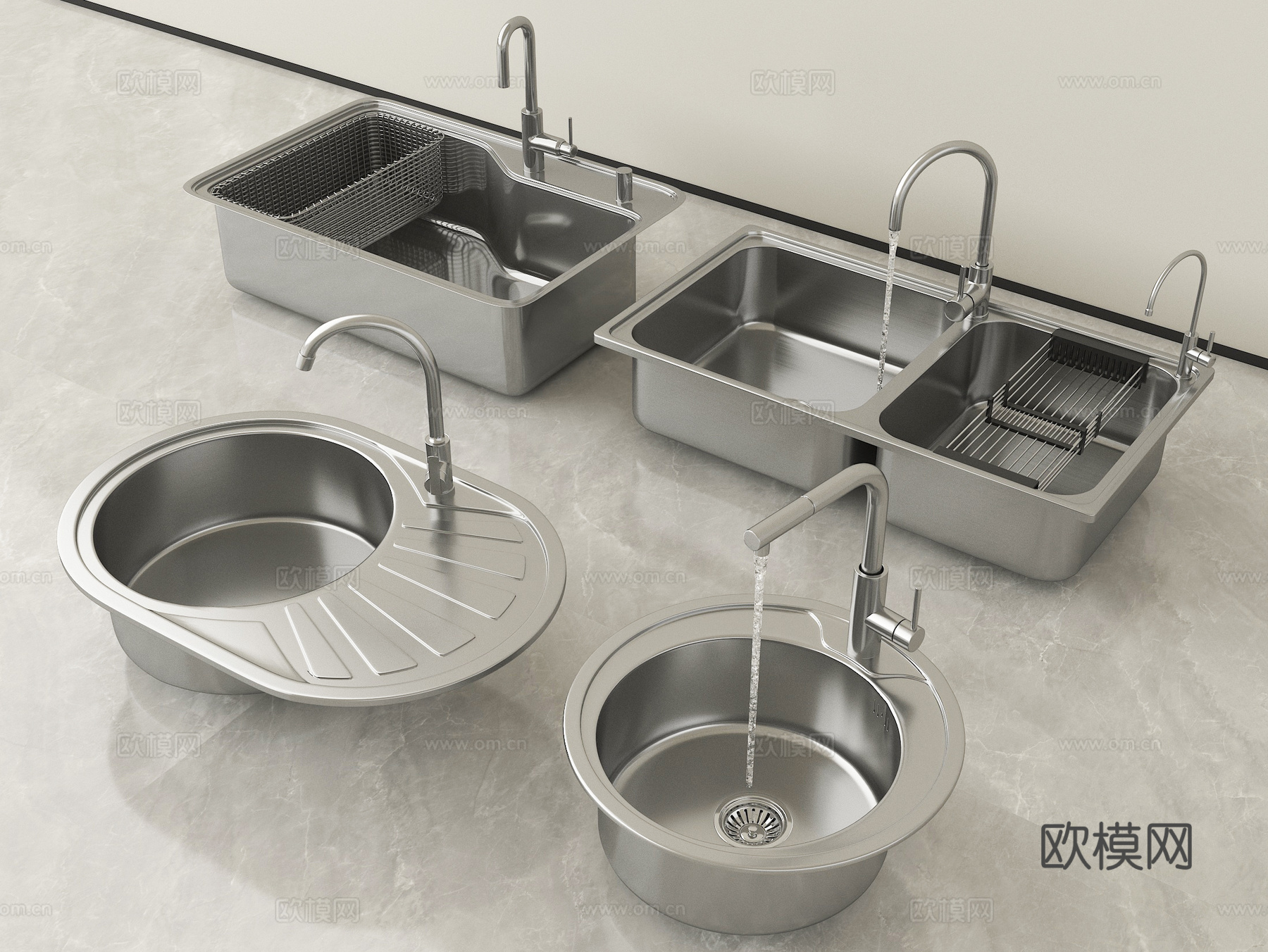 现代水槽洗菜池 洗菜盆水龙头 不锈钢水槽su模型下载（渲染图1）