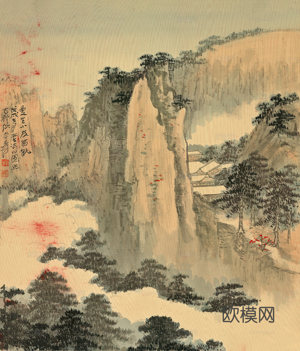 张大千绘画作品，中国近现代水墨画，写意水墨画云山图 绢