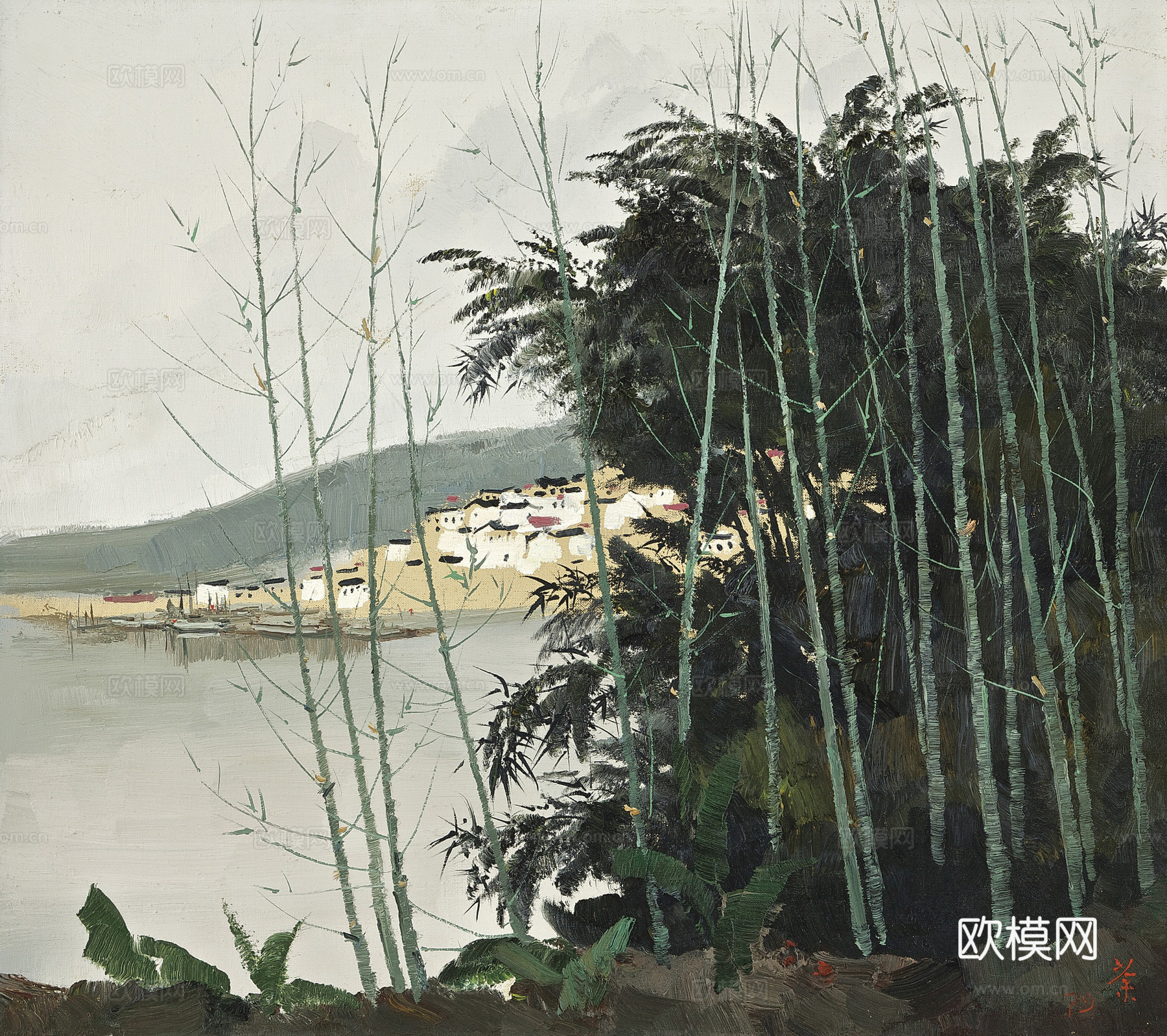 吴冠中绘画作品，写意水墨画，近现代水墨画，写意江南古镇水墨画下载