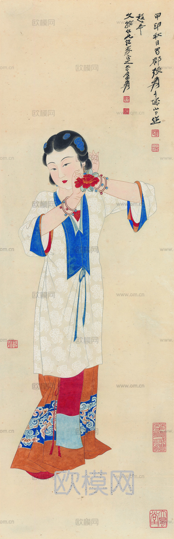 张大千绘画作品，中国近现代水墨画，写意水墨画仕女纸本