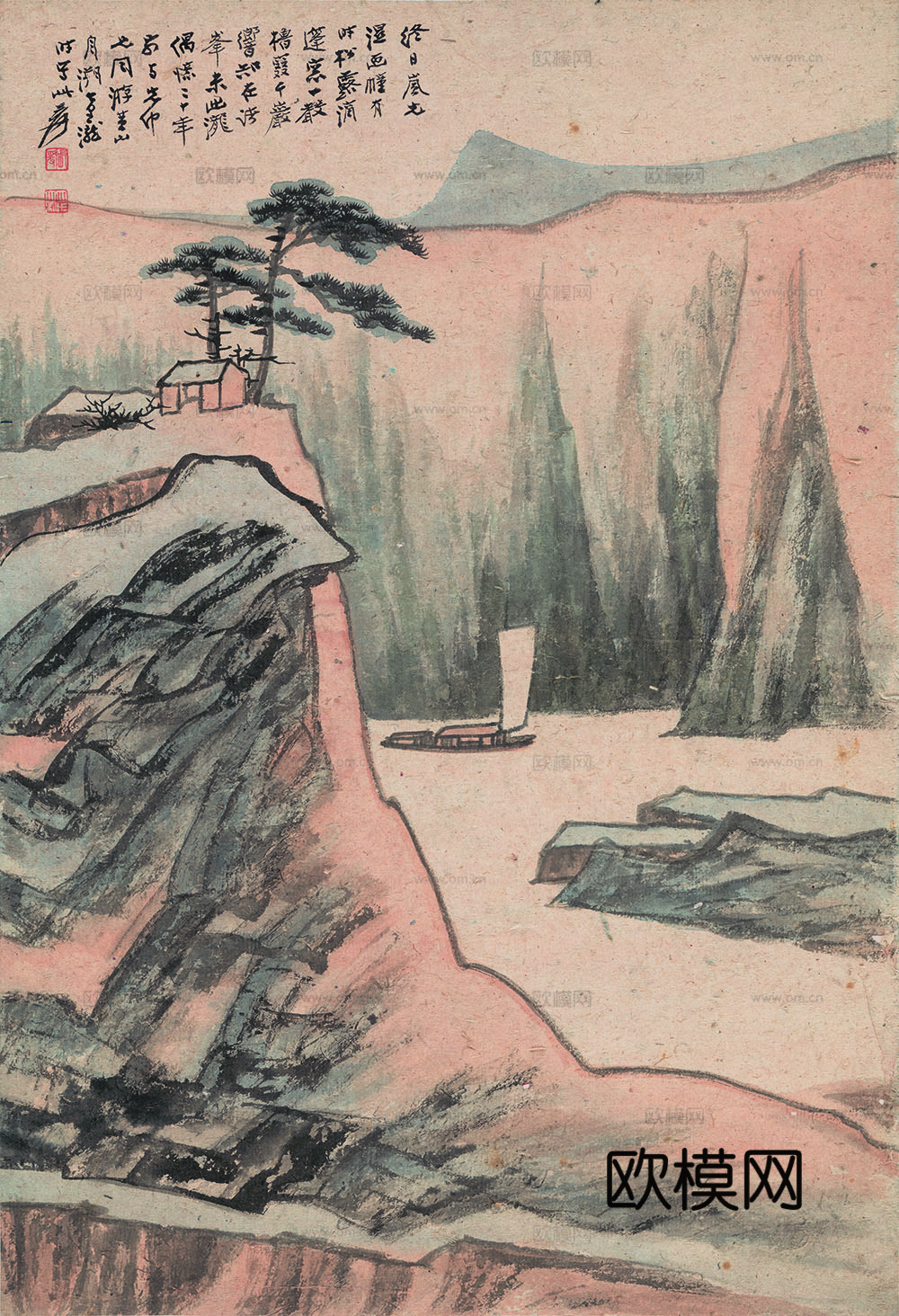 张大千绘画作品，中国近现代水墨画，写意水墨画仿石涛山水