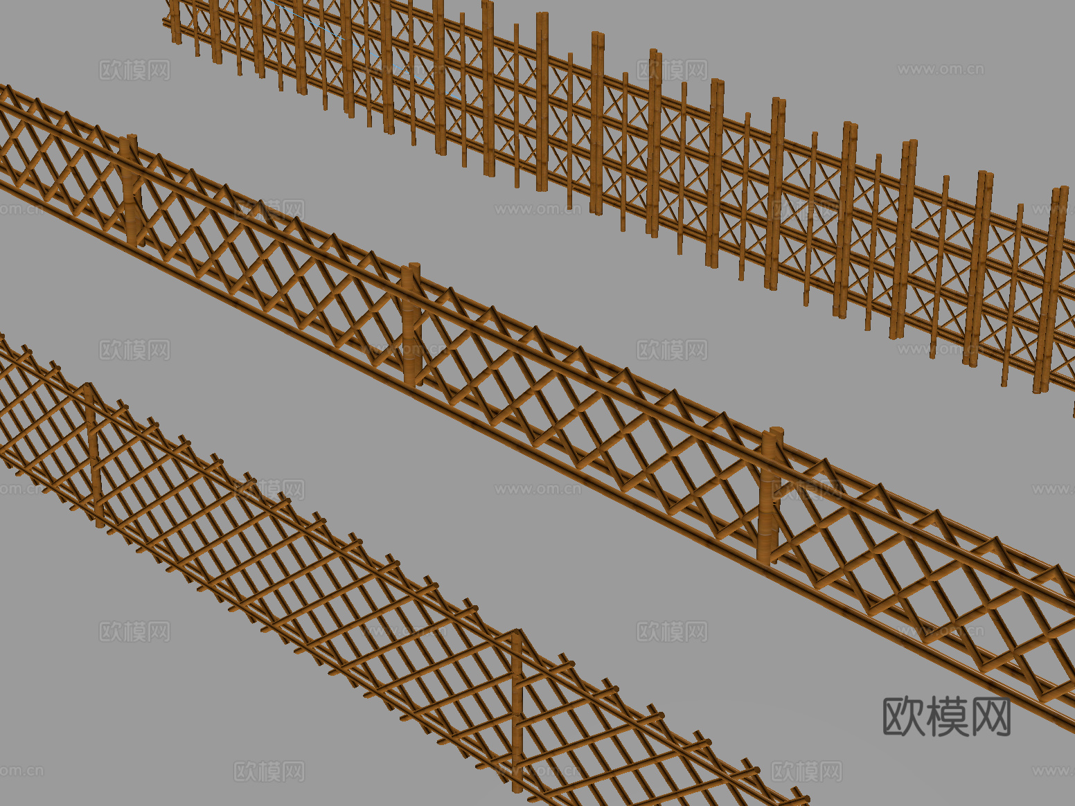 中式栅栏 竹篱笆 围栏护栏 篱笆隔断 木栏杆 扶手su模型