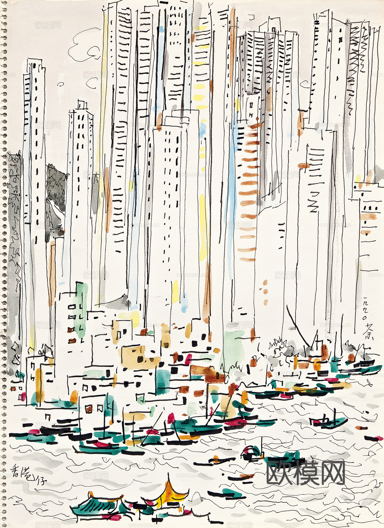 吴冠中绘画作品，写意水墨画，近现代水墨画，写意江南古镇水墨画下载