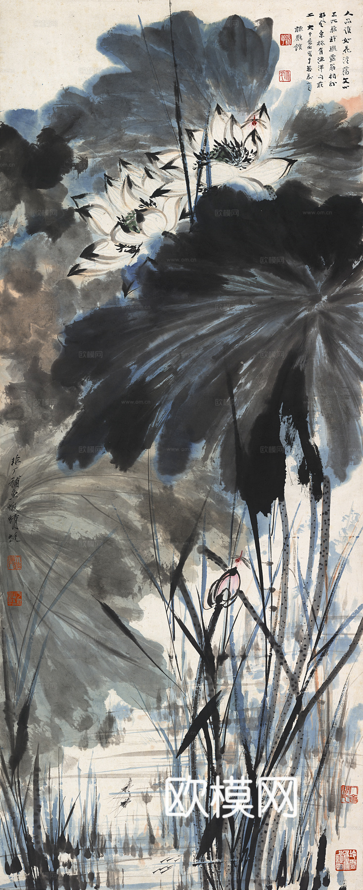 张大千绘画作品，中国近现代水墨画，写意水墨画于非闇荷花游鱼