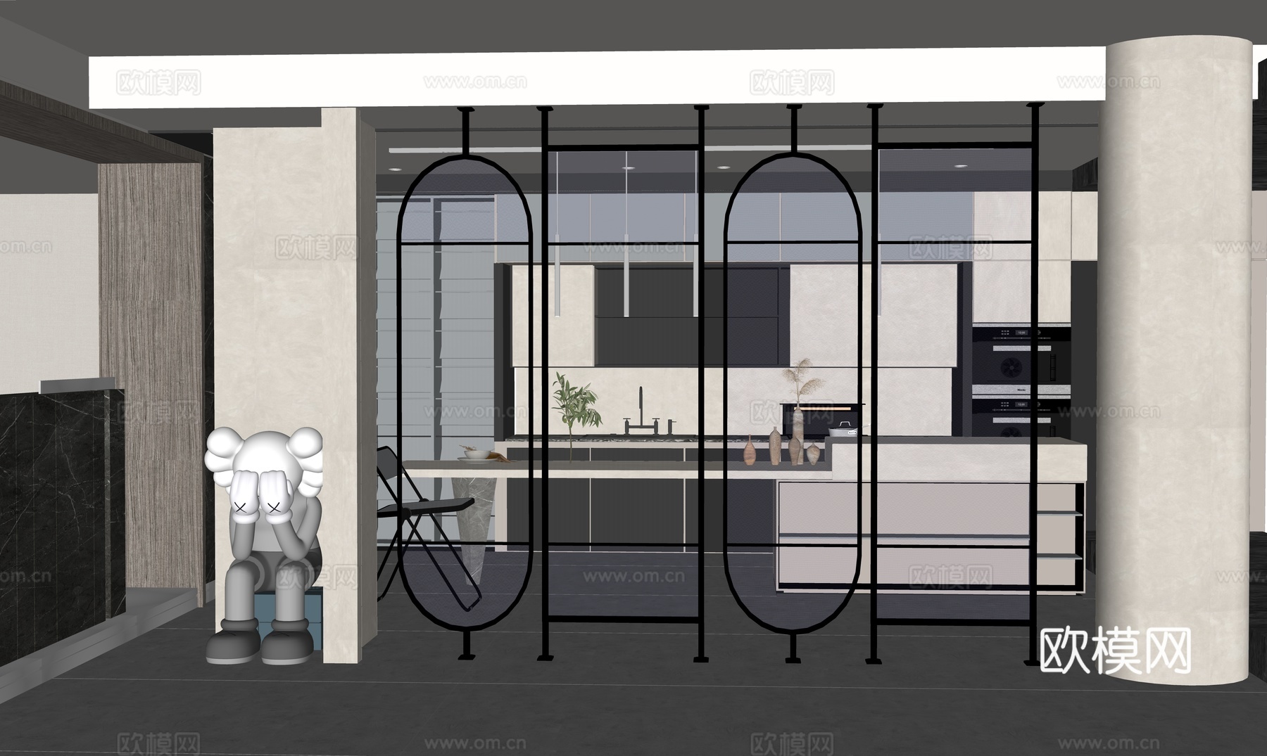 现代开放式厨房su模型下载（渲染图2）