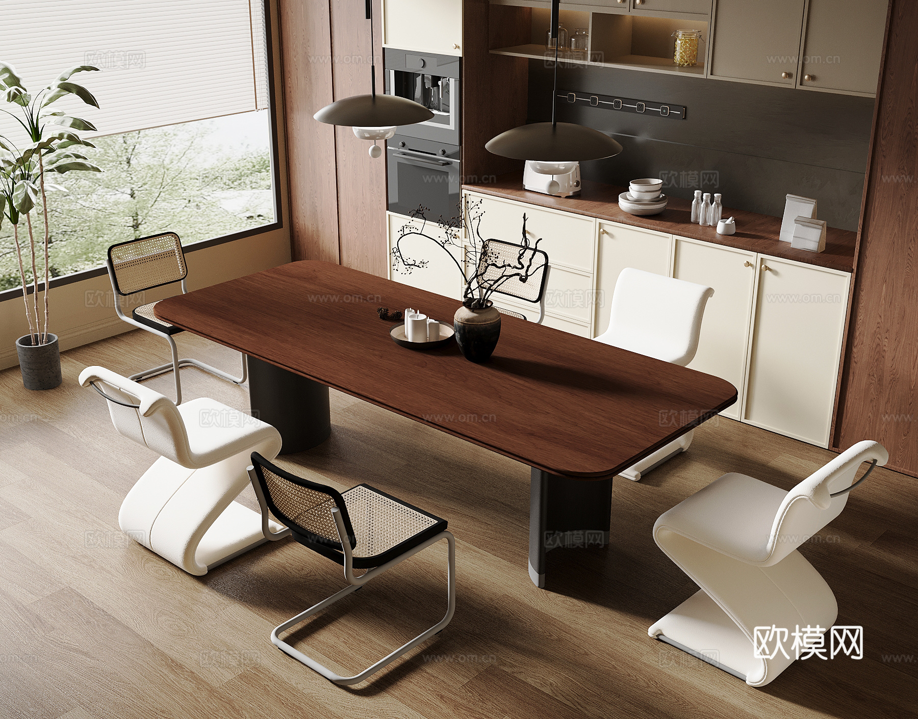 中古风餐厅 餐桌椅su模型