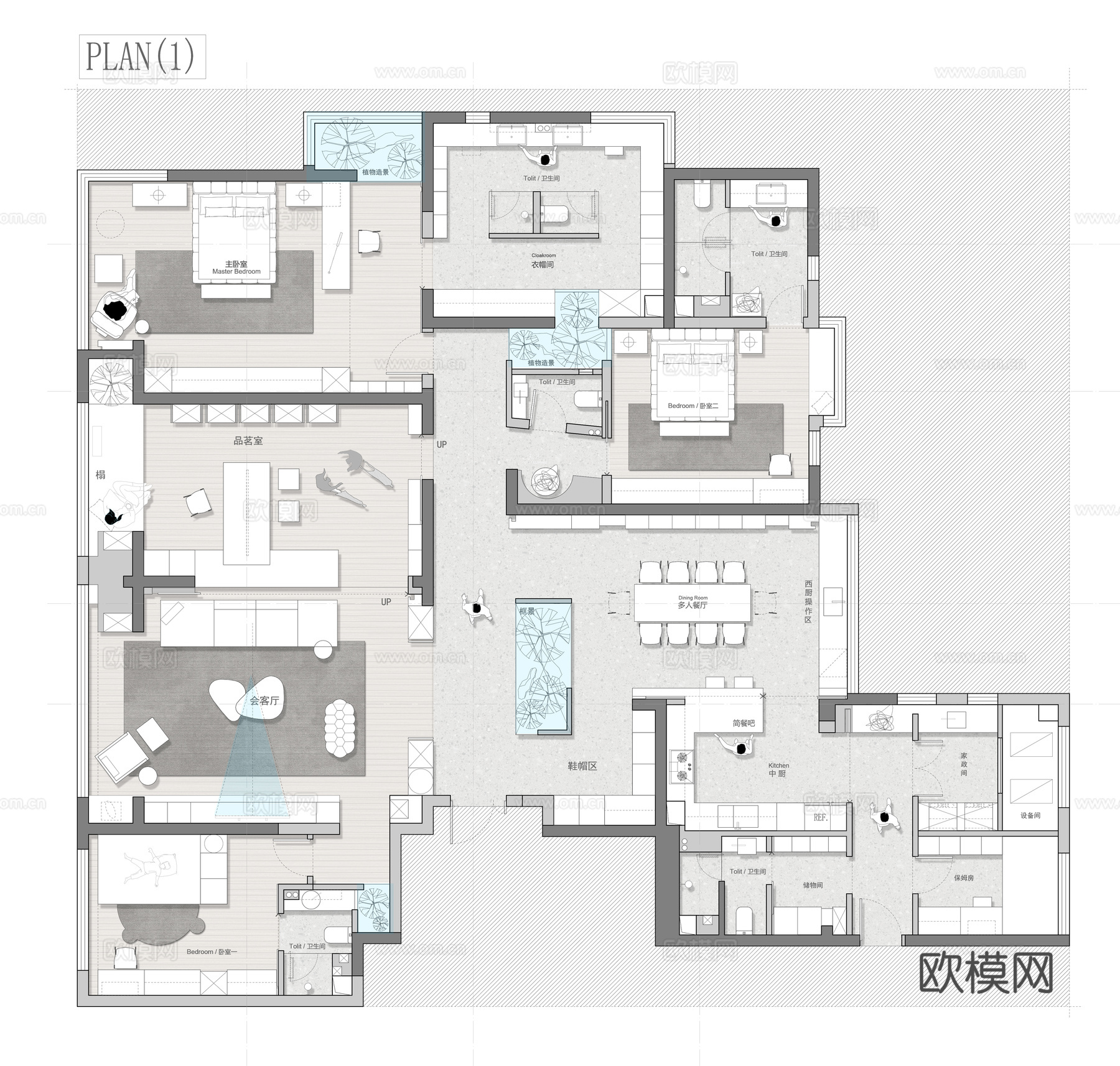 300㎡大平层 平面方案 彩平图cad施工图