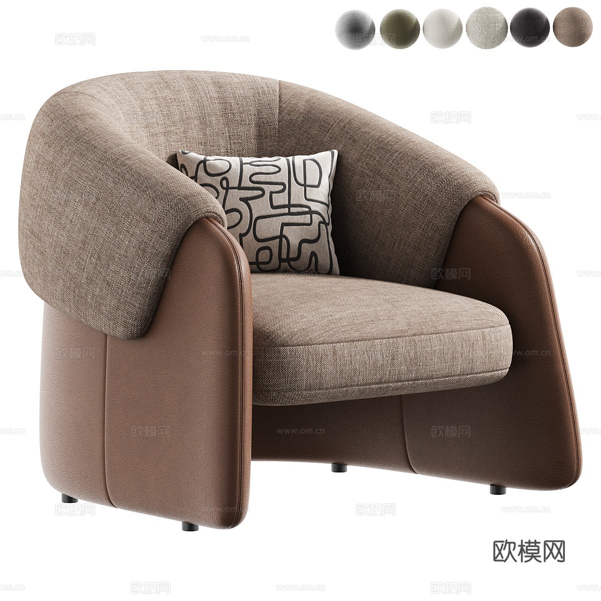现代意式布艺皮革扶手椅3d模型下载（渲染图1）