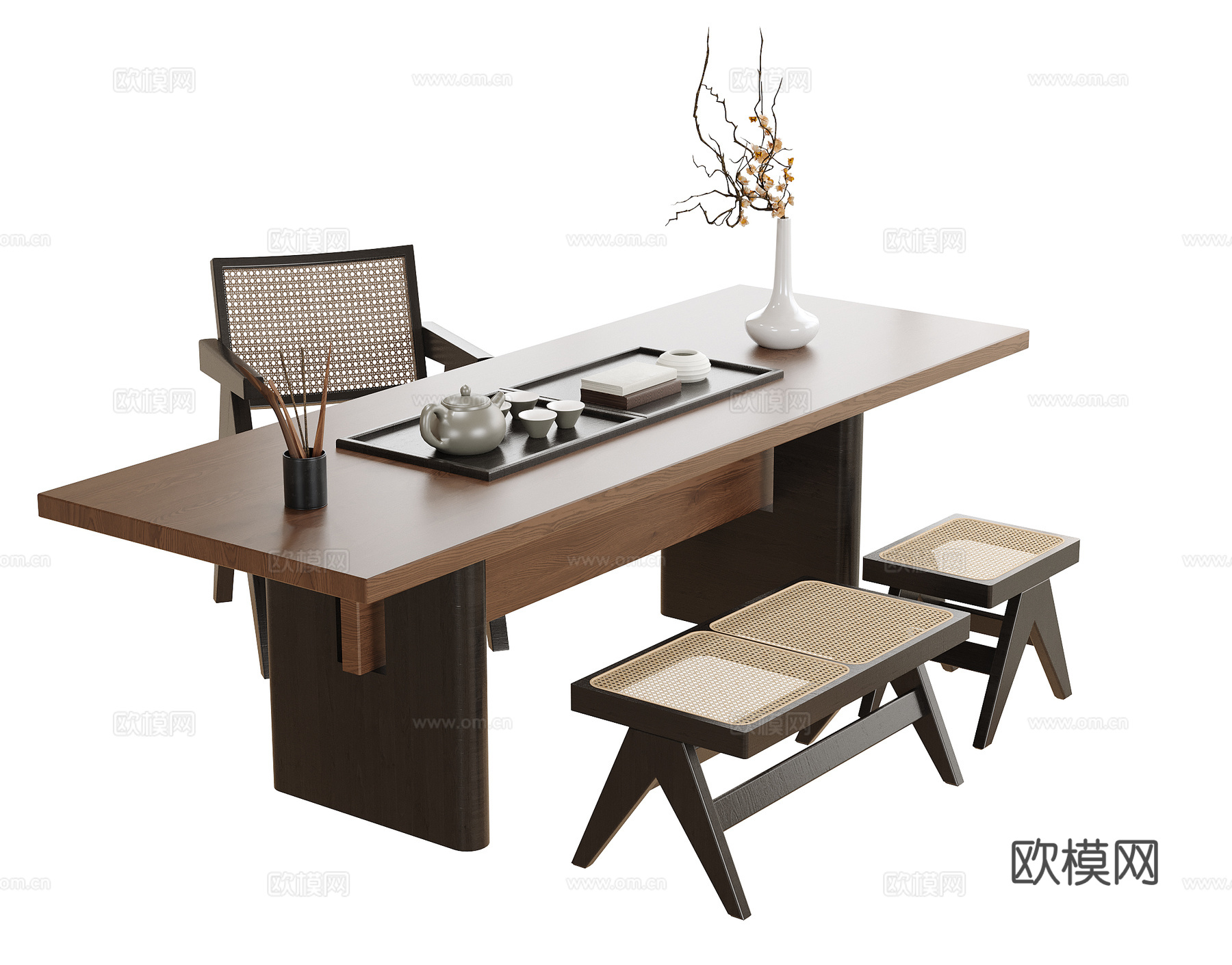 现代茶桌椅 凳子 茶具摆件su模型