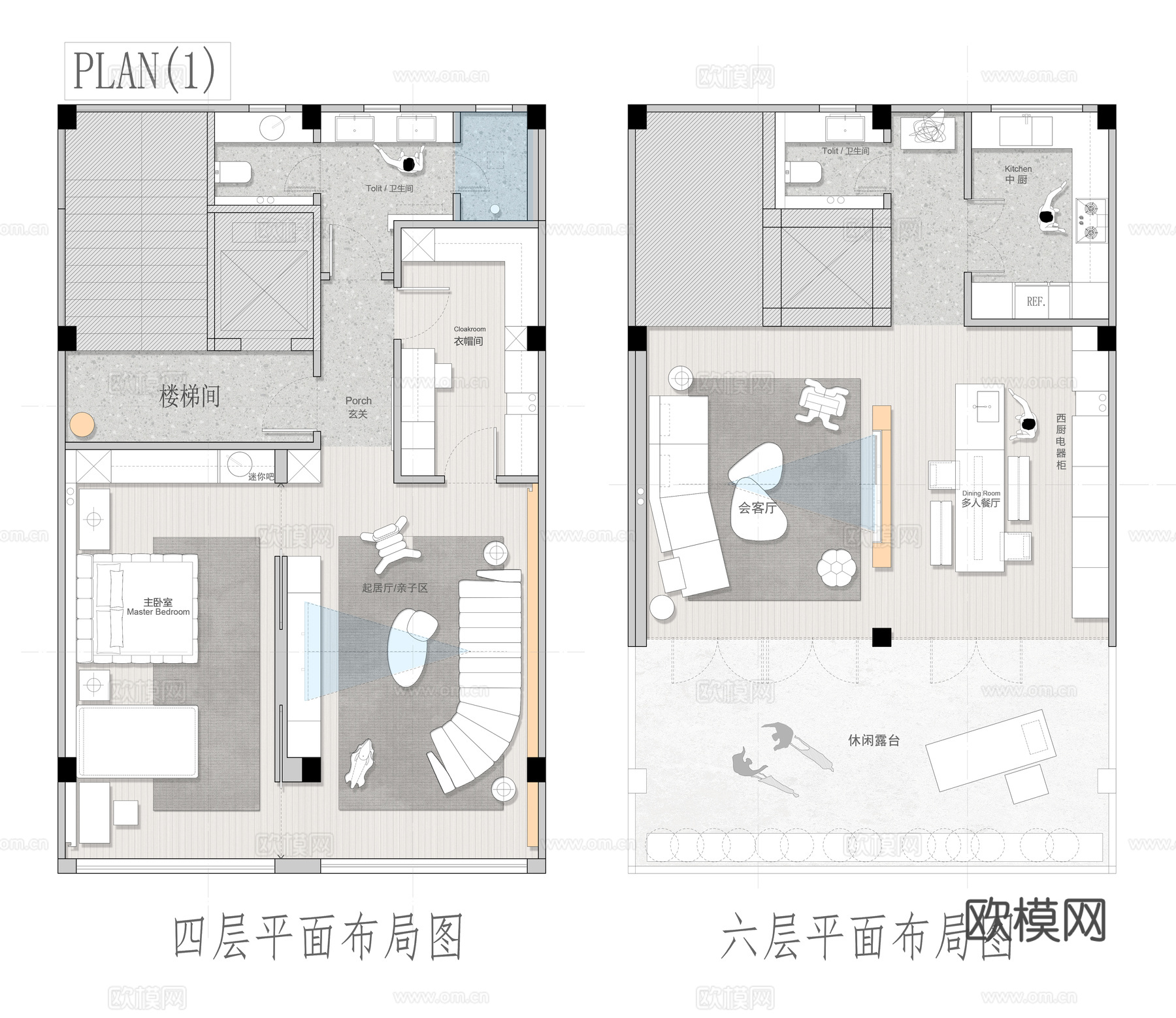 200㎡自建房3层4层平面方案 彩平图cad施工图
