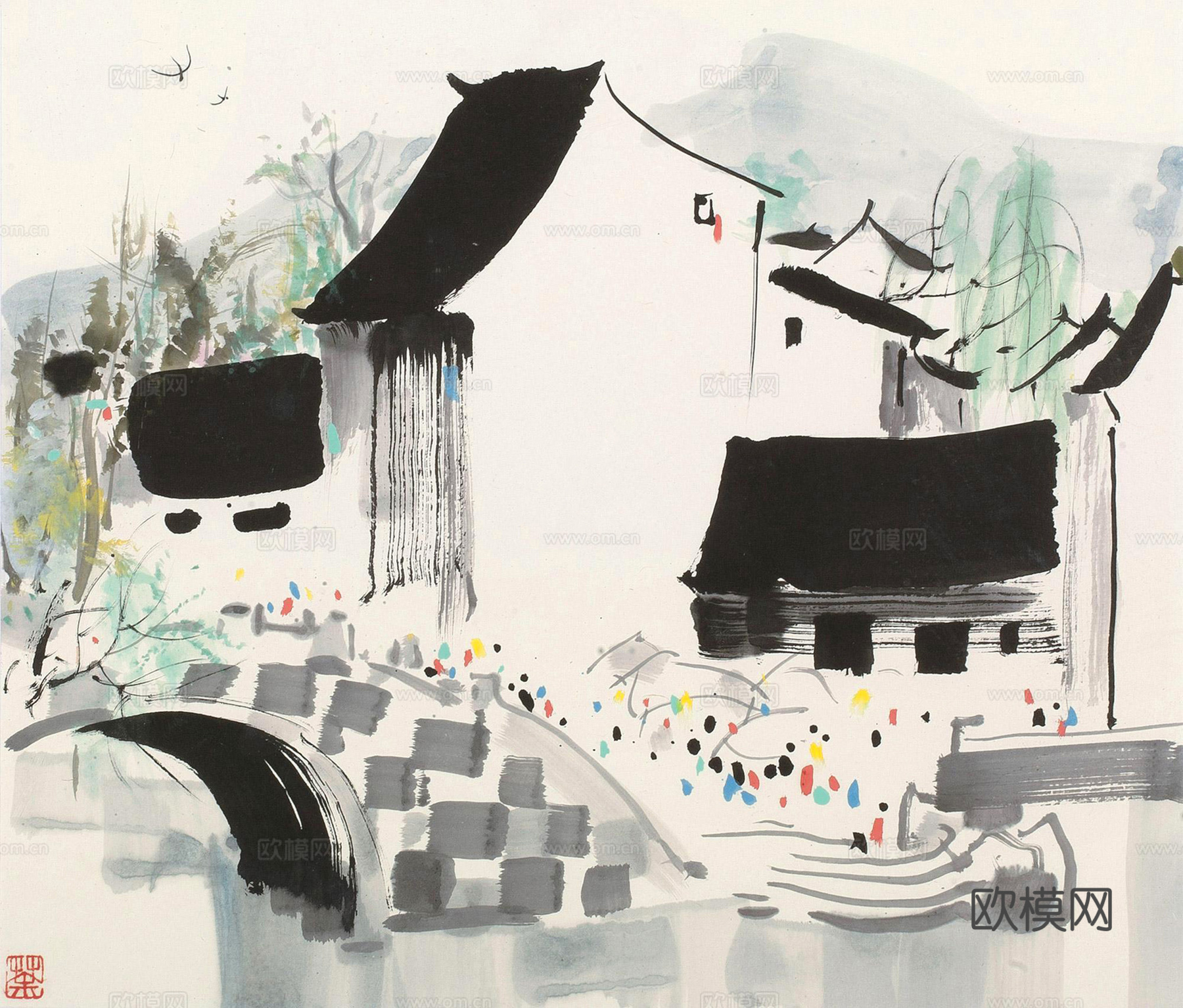 吴冠中绘画作品，写意水墨画，近现代水墨画，写意江南古镇水墨画