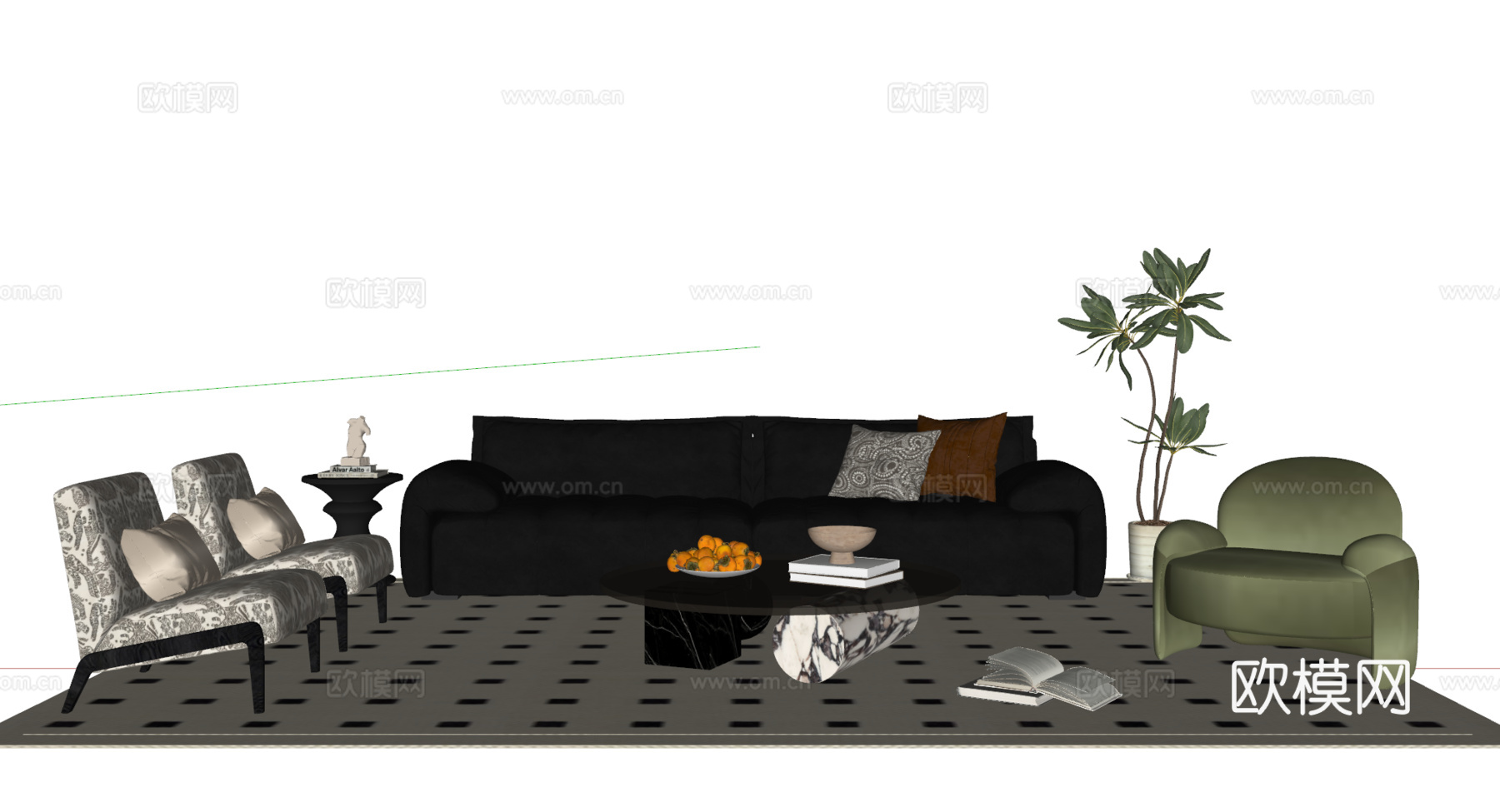 法式沙发茶几组合 多人沙发 休闲沙发 地毯su模型