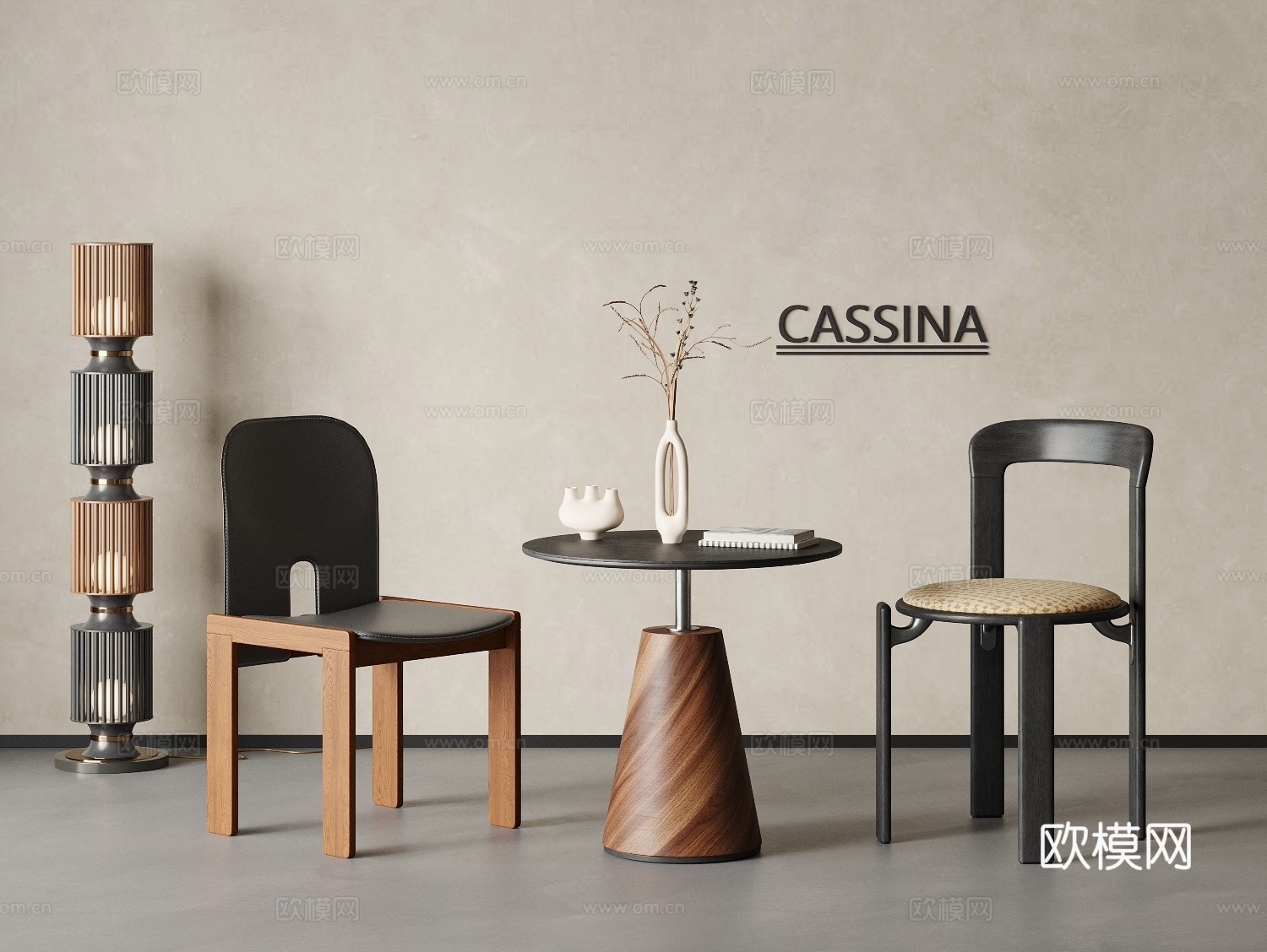 侘寂中古风休闲桌椅 餐椅组合 餐桌椅 小圆桌 落地灯  单椅su模型