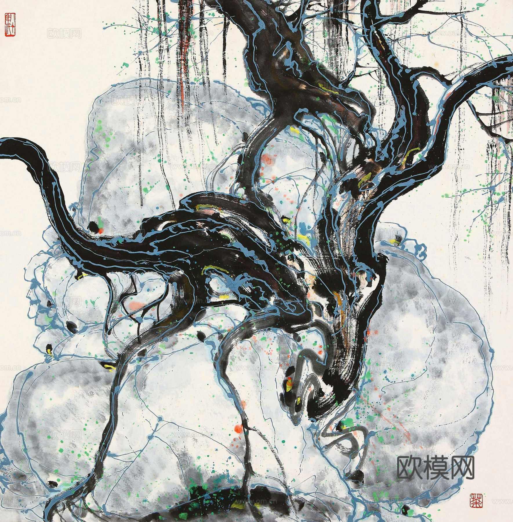 吴冠中绘画作品，写意水墨画，近现代水墨画，写意江南古镇水墨画