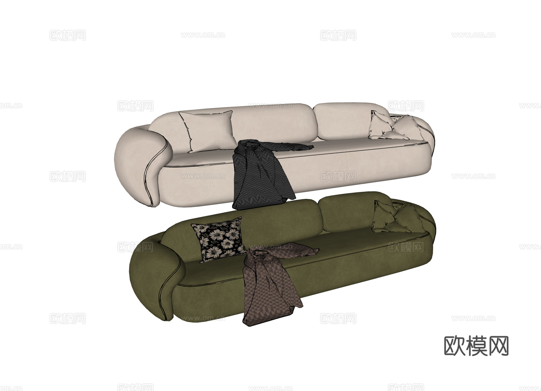 gubi 法式奶油风三人沙发 云朵沙发su模型