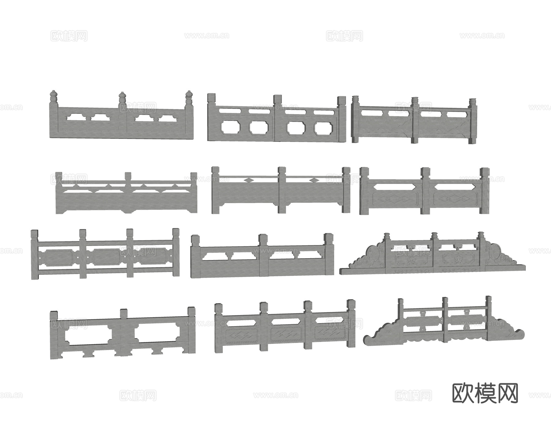 中式亭台楼阁护栏 扶手 拉杆 石材栏杆su模型