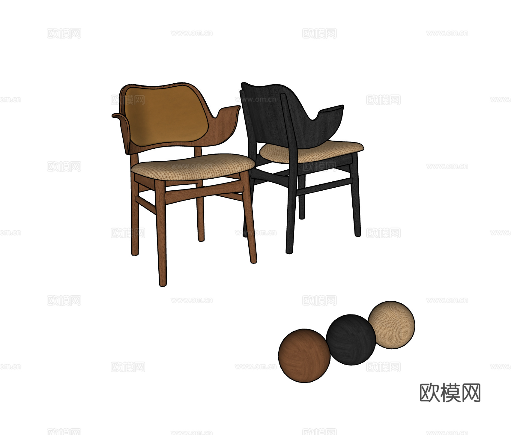 侘寂中古风餐椅组合 单椅 休闲椅su模型