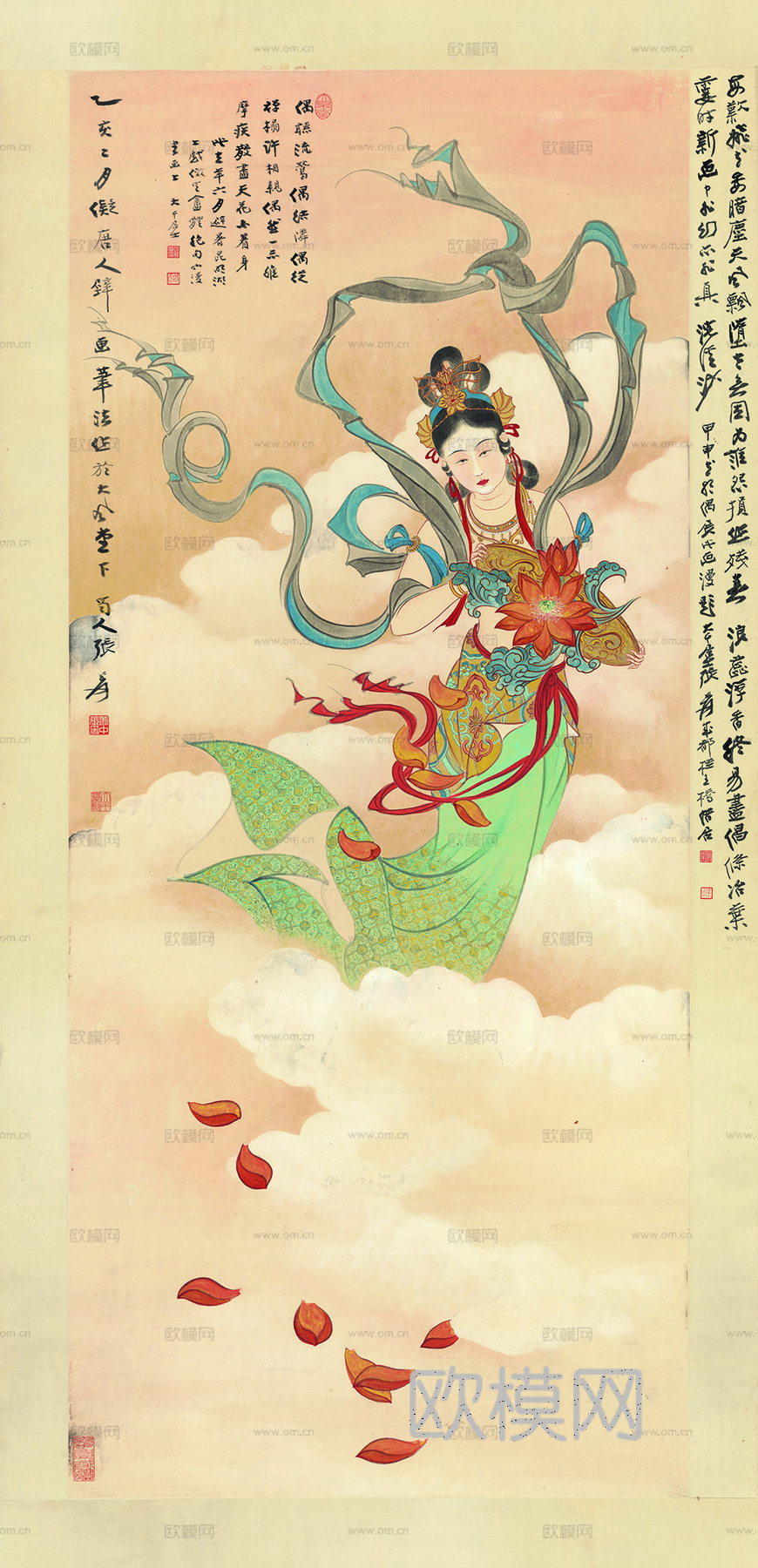 张大千绘画作品，中国近现代水墨画，写意水墨画天女散花纸本＋文