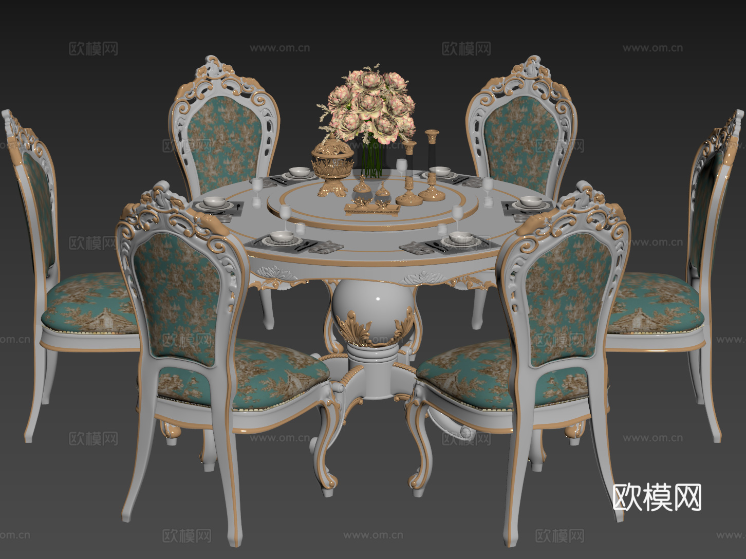 欧式餐桌椅 法式餐桌椅 雕花餐桌椅 圆形餐桌 桌椅组合su模型