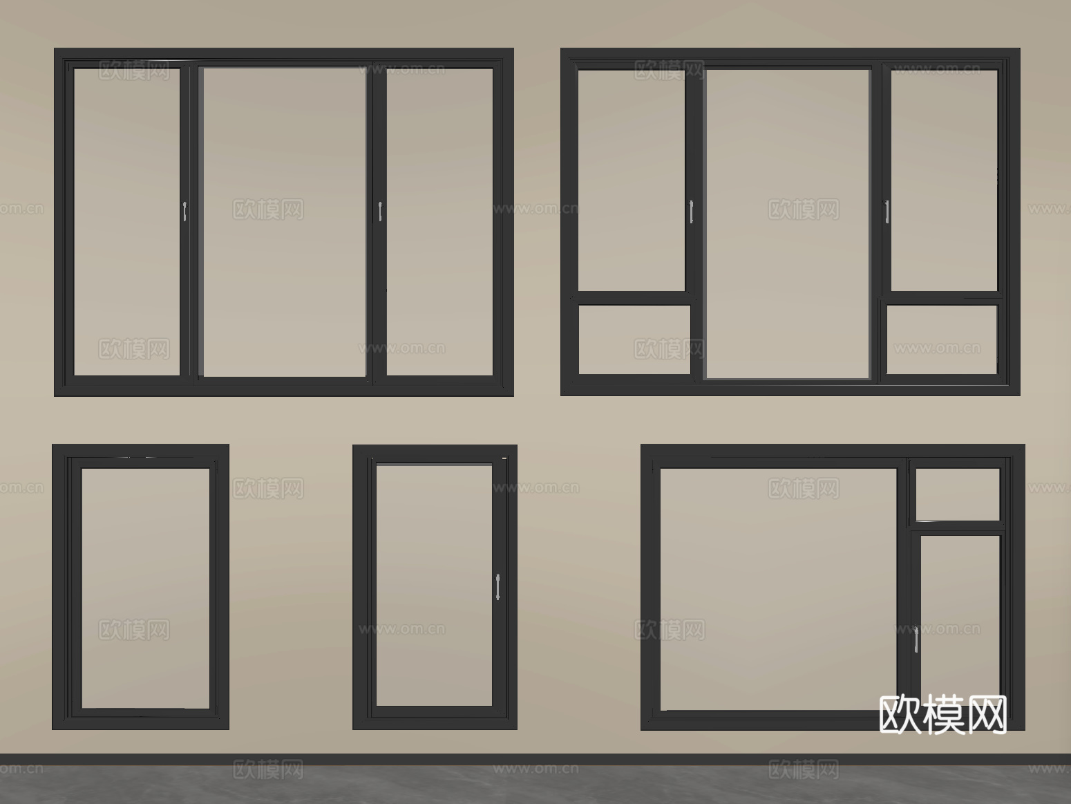 现代窗户组合 平开窗 阳台窗su模型