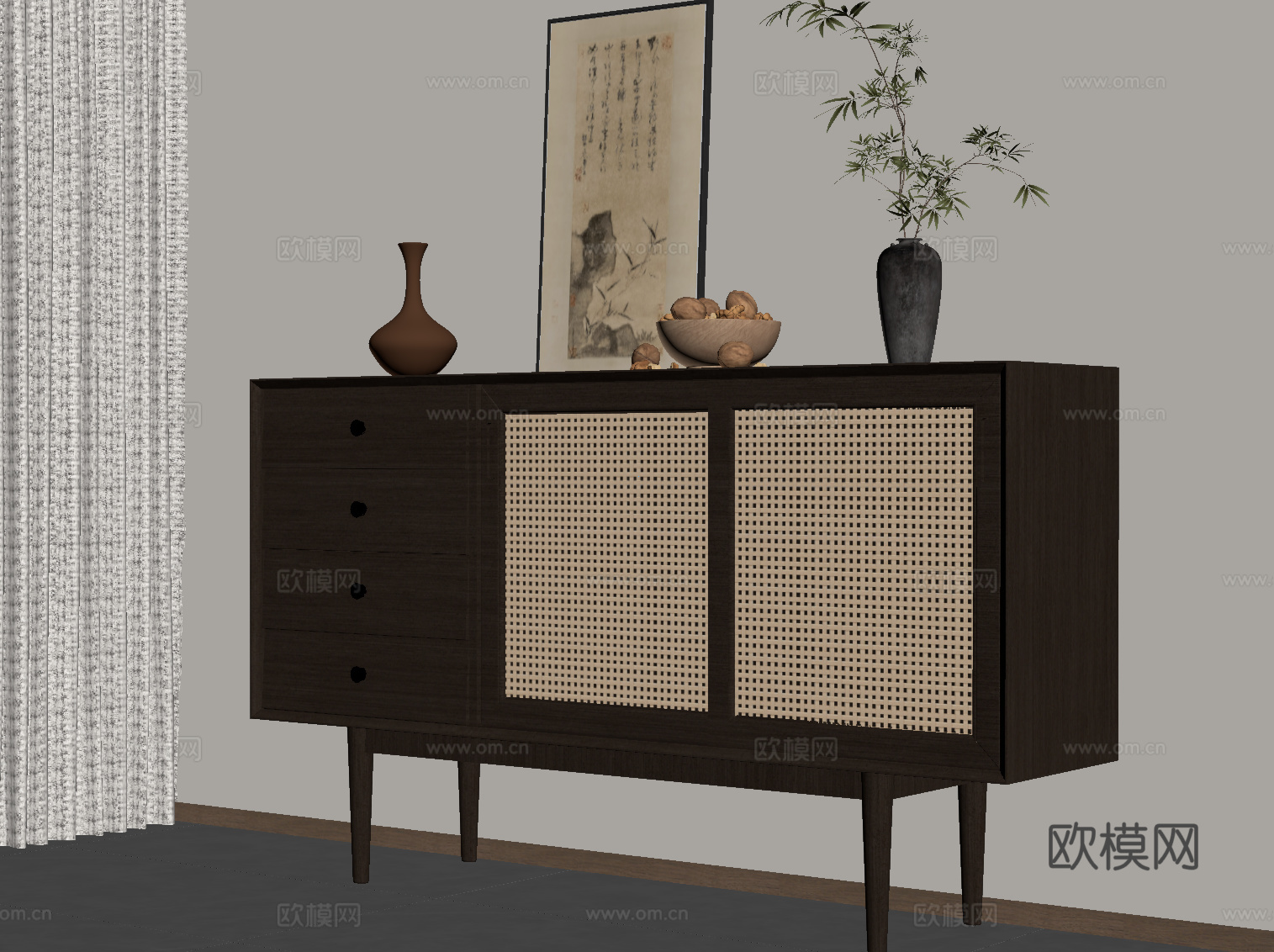 新中式玄关柜 边柜su模型