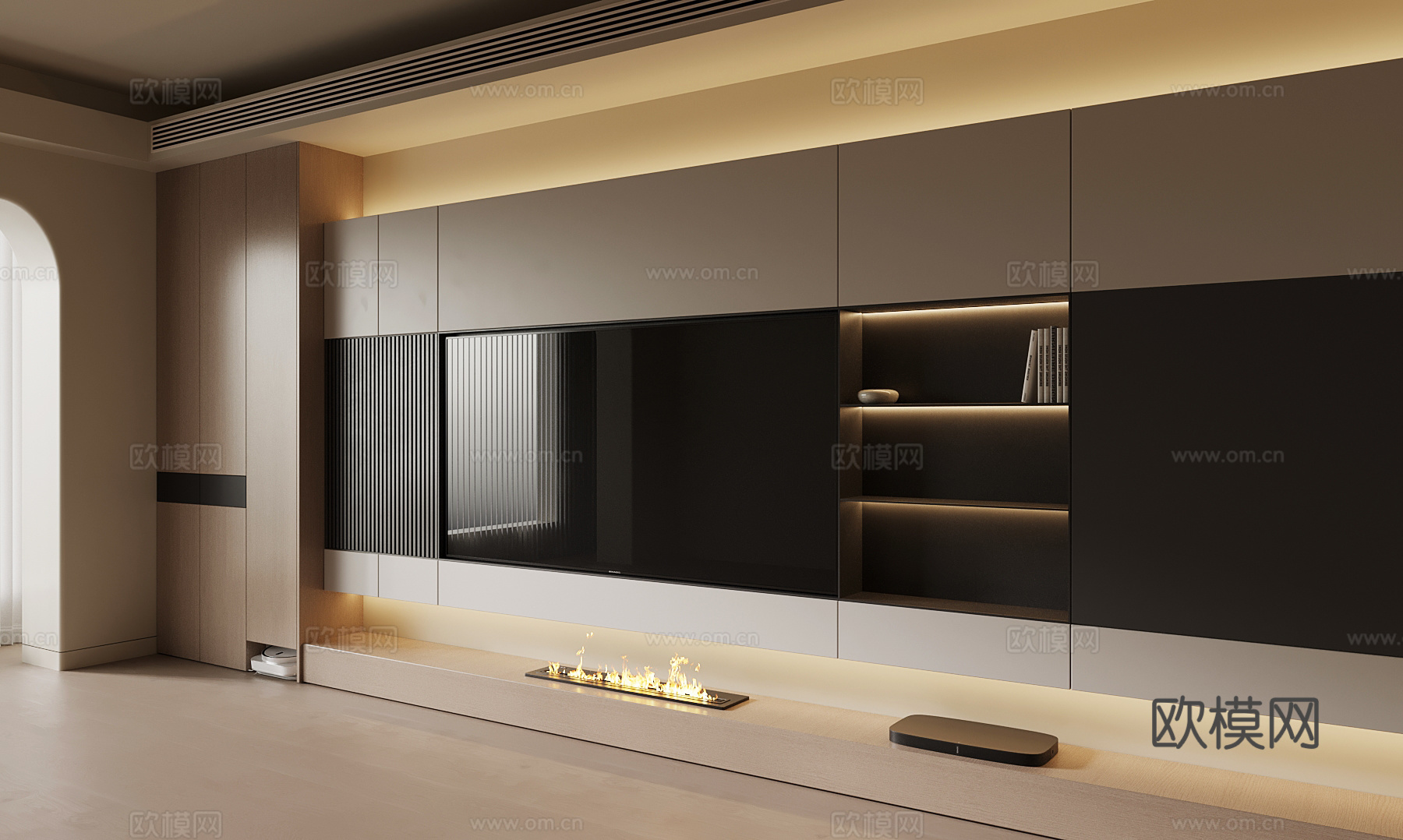 奶油风电视背景墙su模型