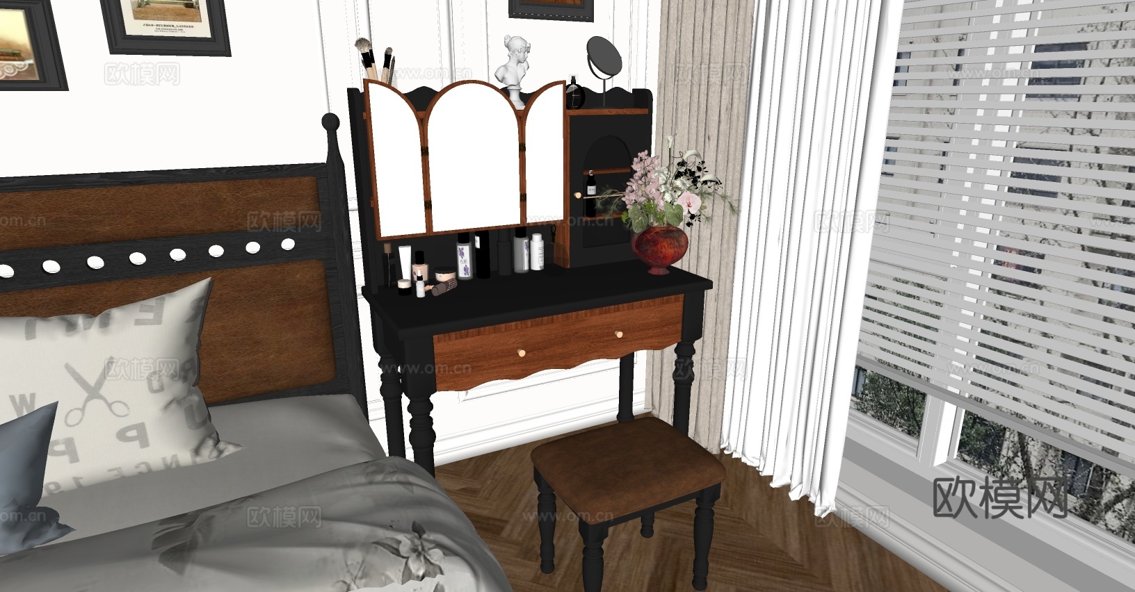 美式梳妆台su模型下载（渲染图2）