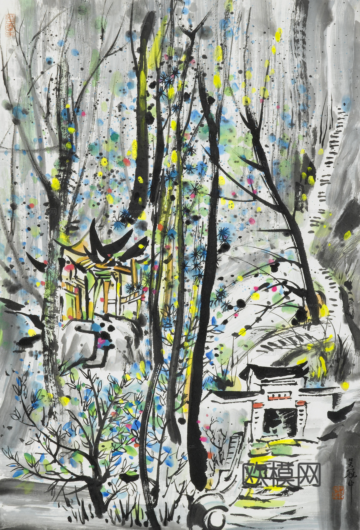 吴冠中绘画作品，写意水墨画，近现代水墨画，写意江南古镇水墨画