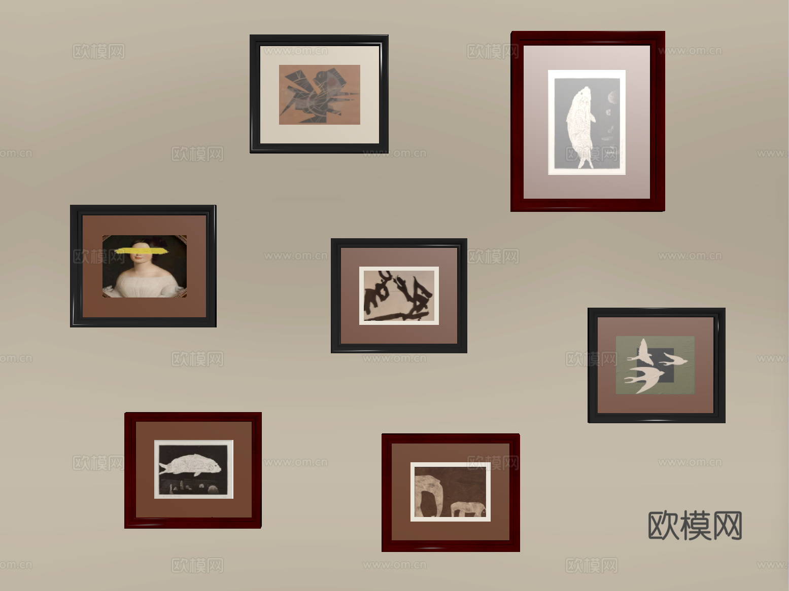 中古风挂画组合 装饰挂画su模型