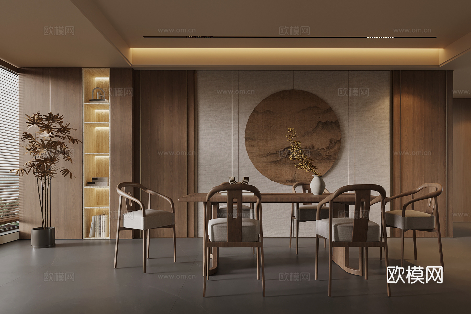 新中式餐厅 餐桌椅 背景墙su模型