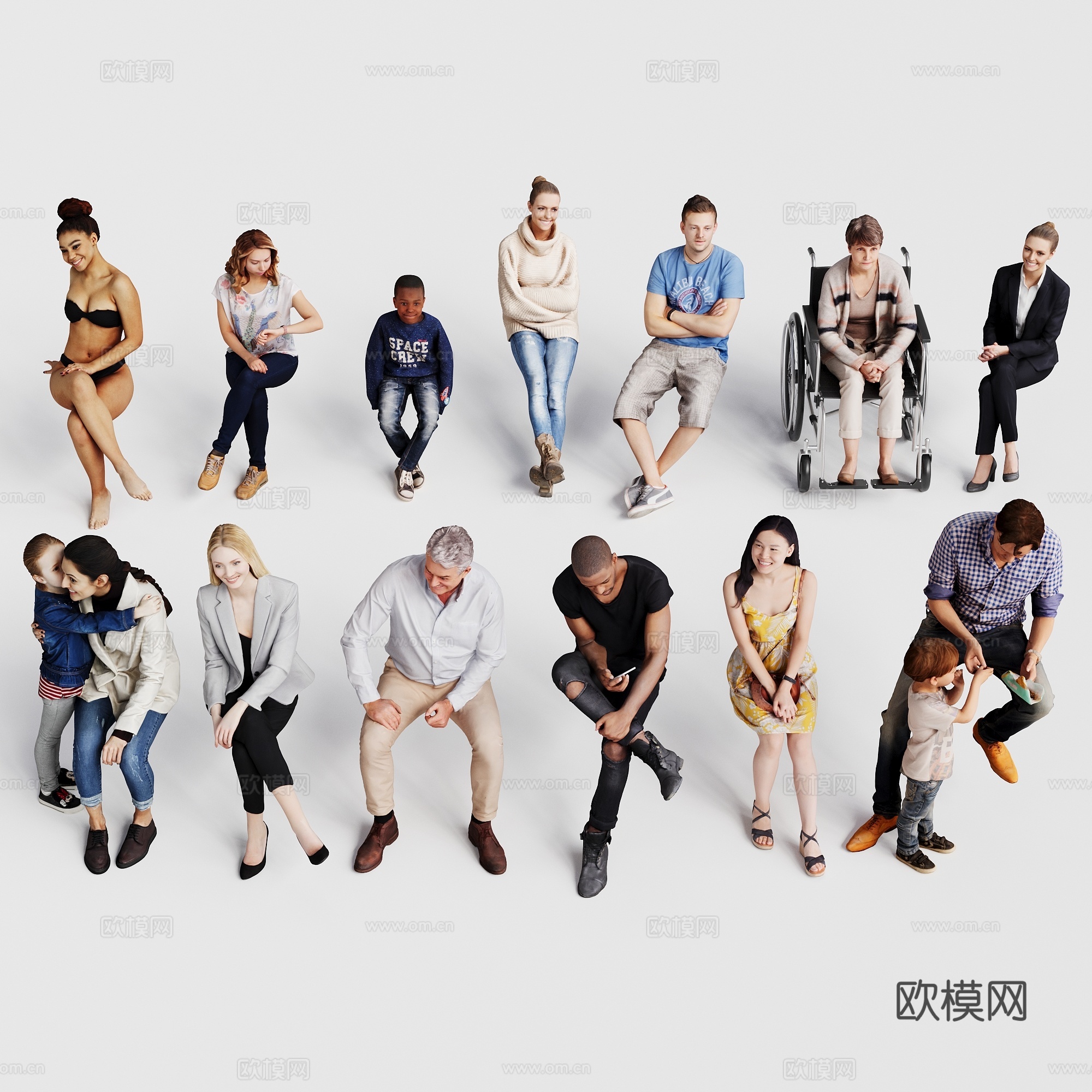 现代三维人物 办公 坐姿 男人 女人 小孩 西装 裙子 组合3d模型下载