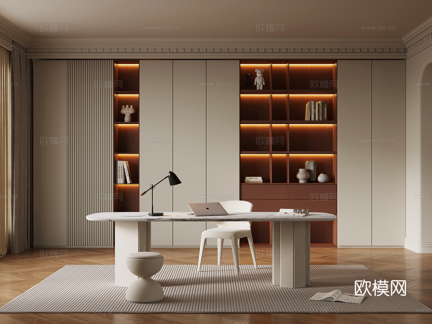 奶油风书房su模型