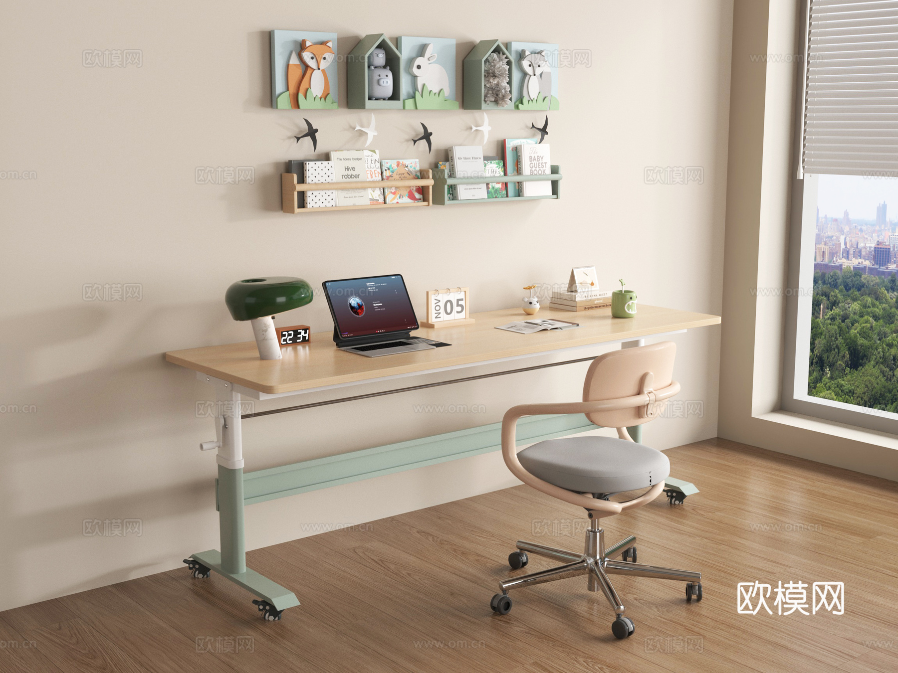 现代书桌椅 儿童书桌椅 电脑 台灯摆件su模型