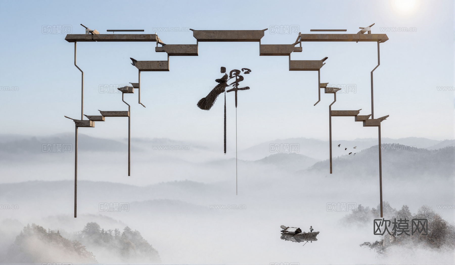 新中式墙饰挂画su模型