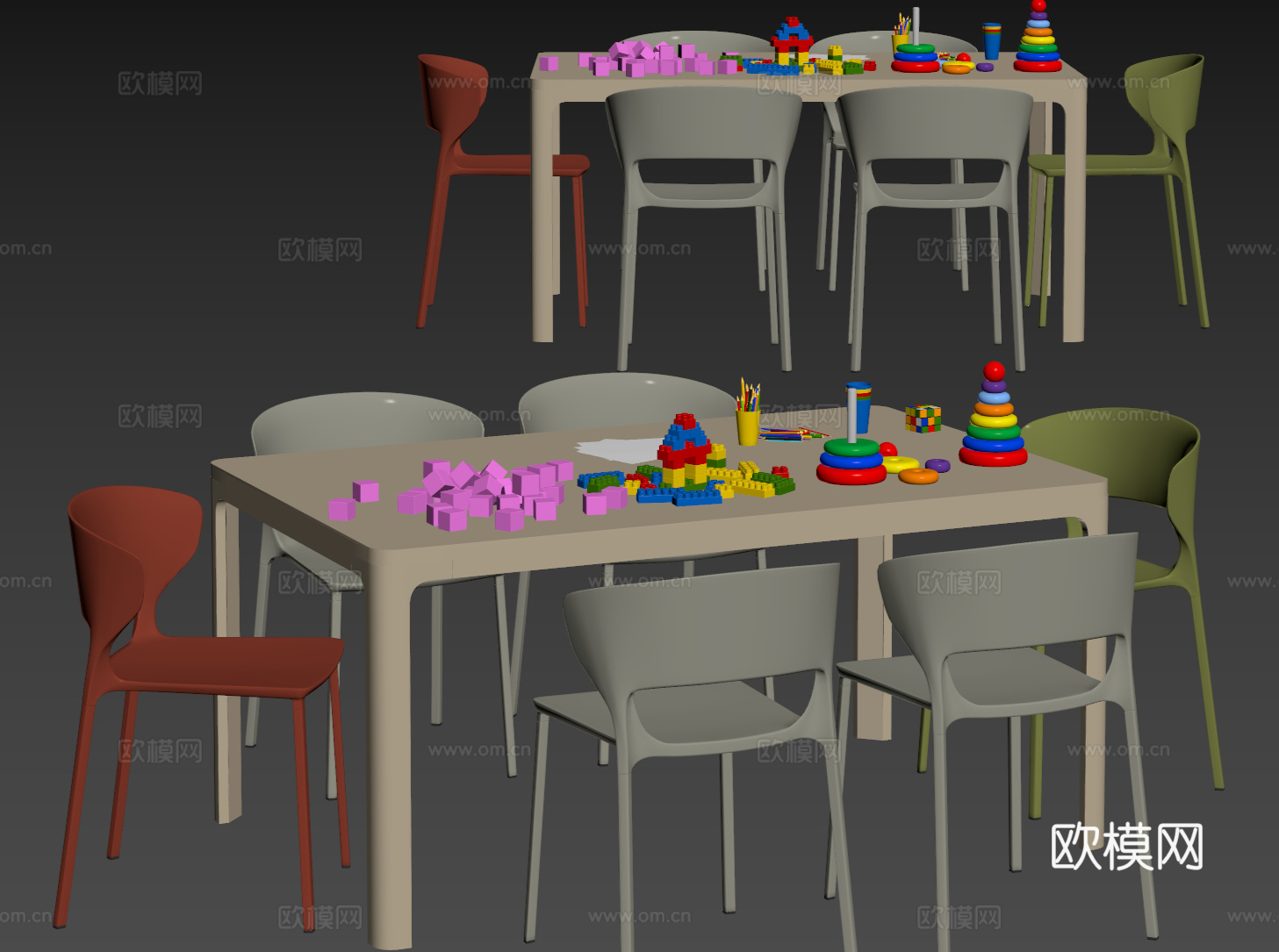 现代儿童桌椅组合 儿童玩具桌 儿童休闲桌椅 长桌su模型