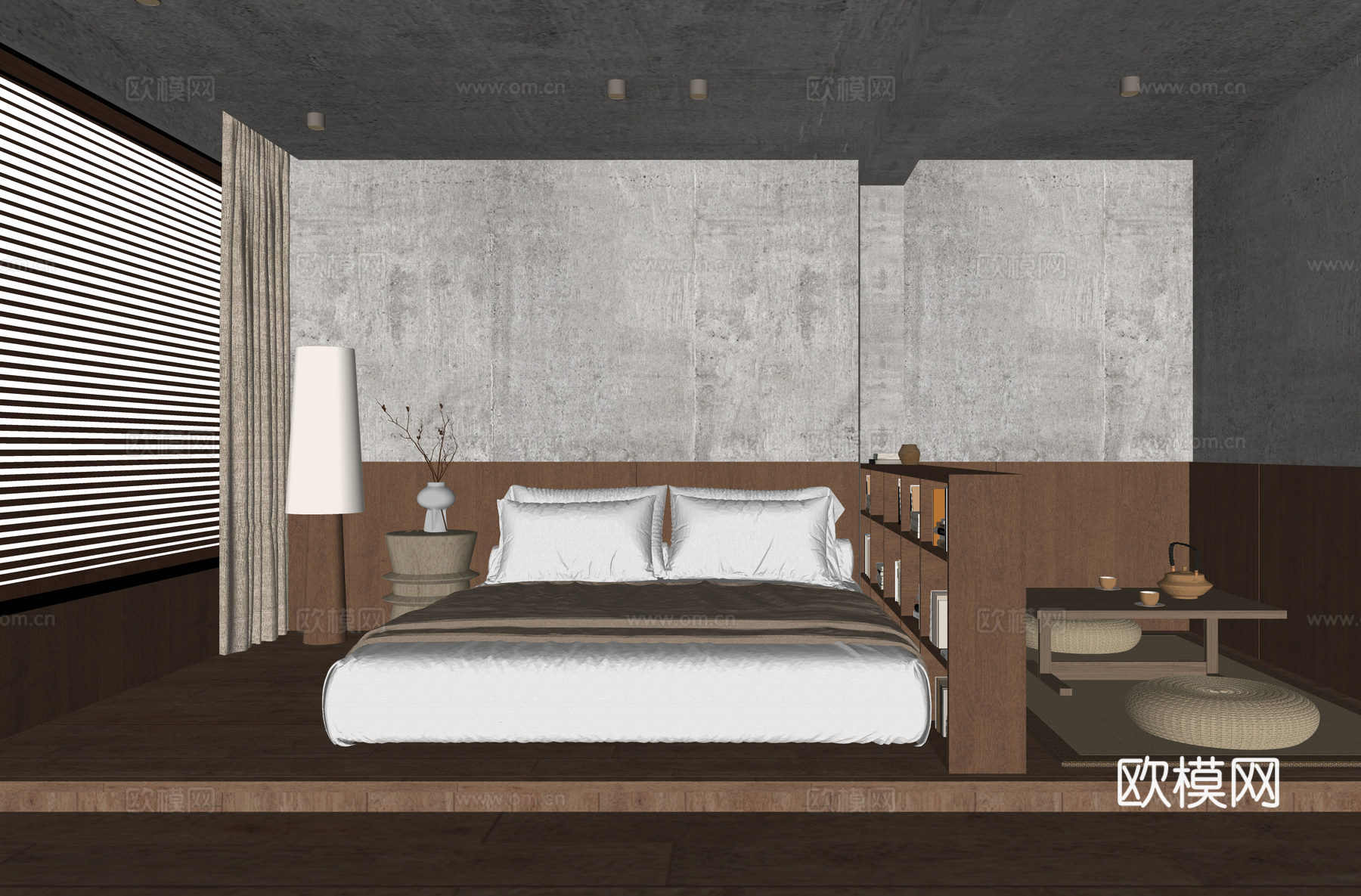 日式卧室  双人床 榻榻米茶桌椅su模型