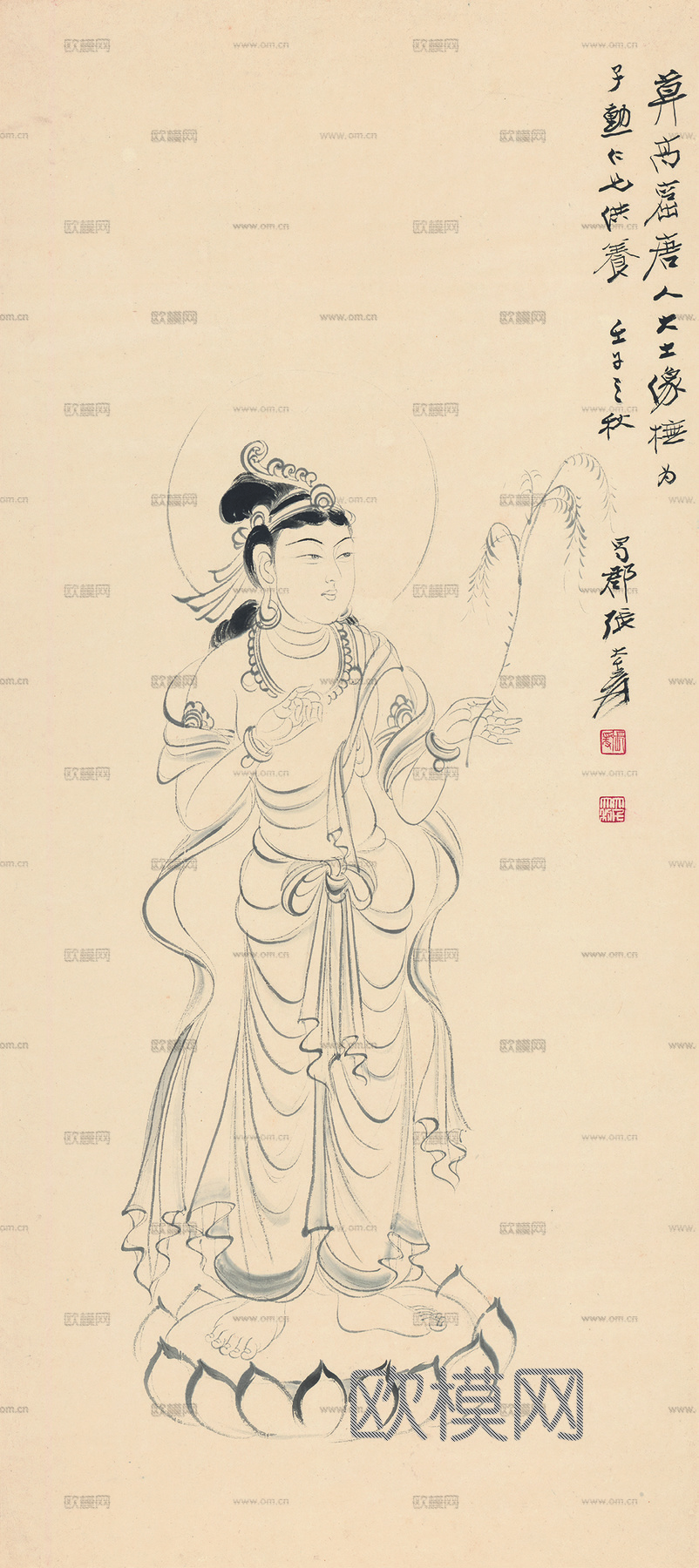 张大千绘画作品，中国近现代水墨画，写意水墨画抚敦煌观音图纸本