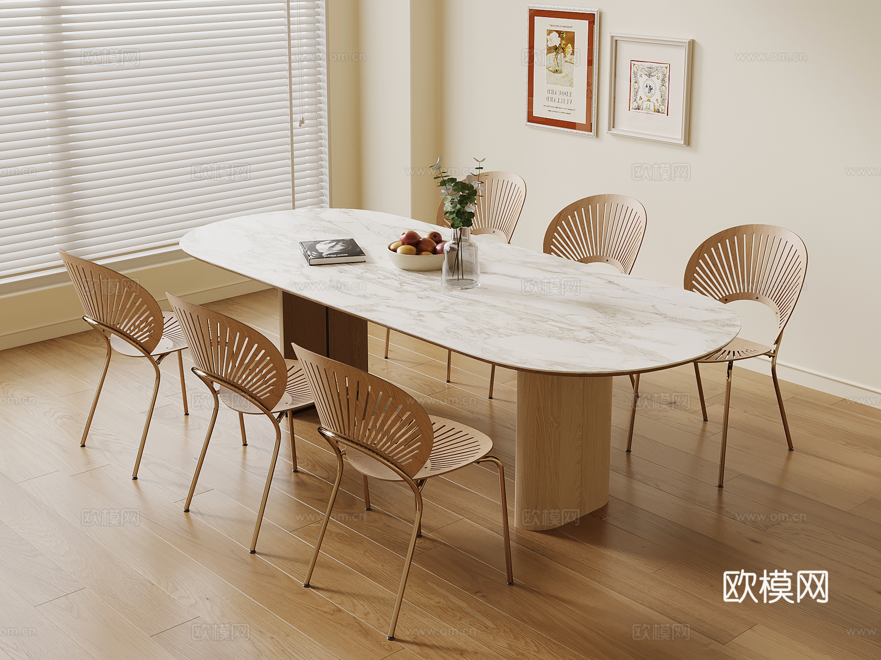 现代奶油风餐桌椅su模型