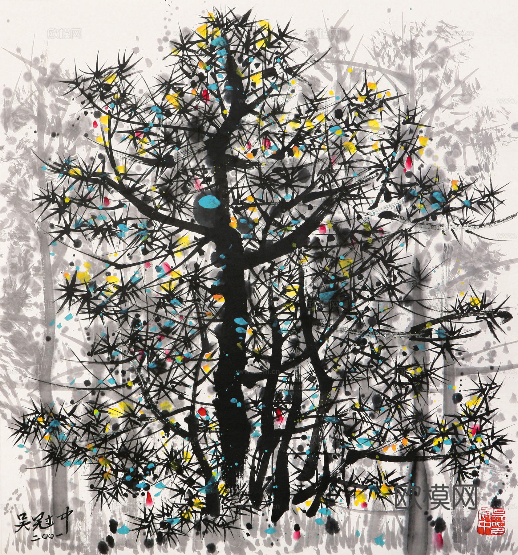 吴冠中绘画作品，写意水墨画，近现代水墨画，写意江南古镇水墨画下载